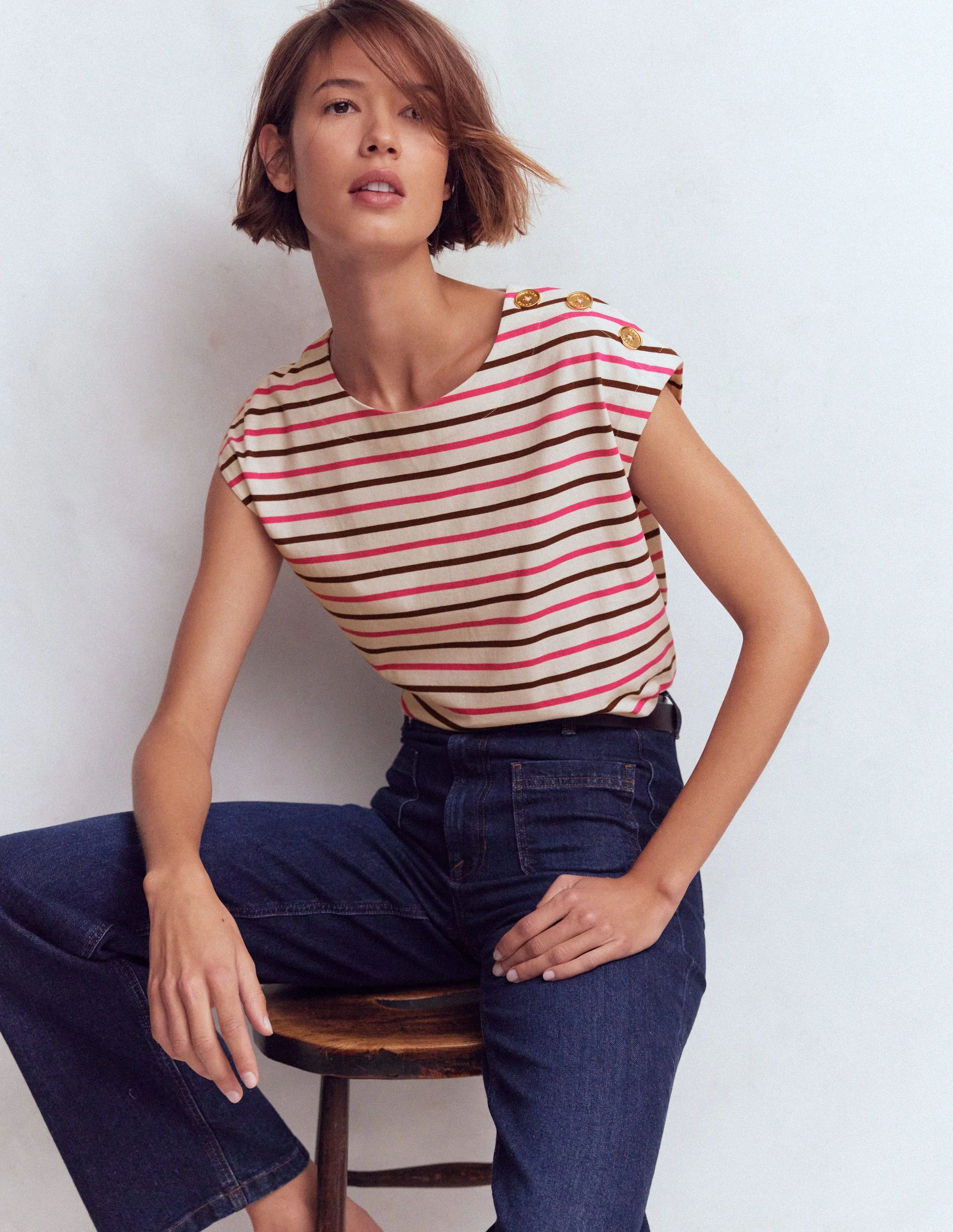 T-Shirt mit Knopfdetail-Rosa Pfingstrose, Umbra Streifen