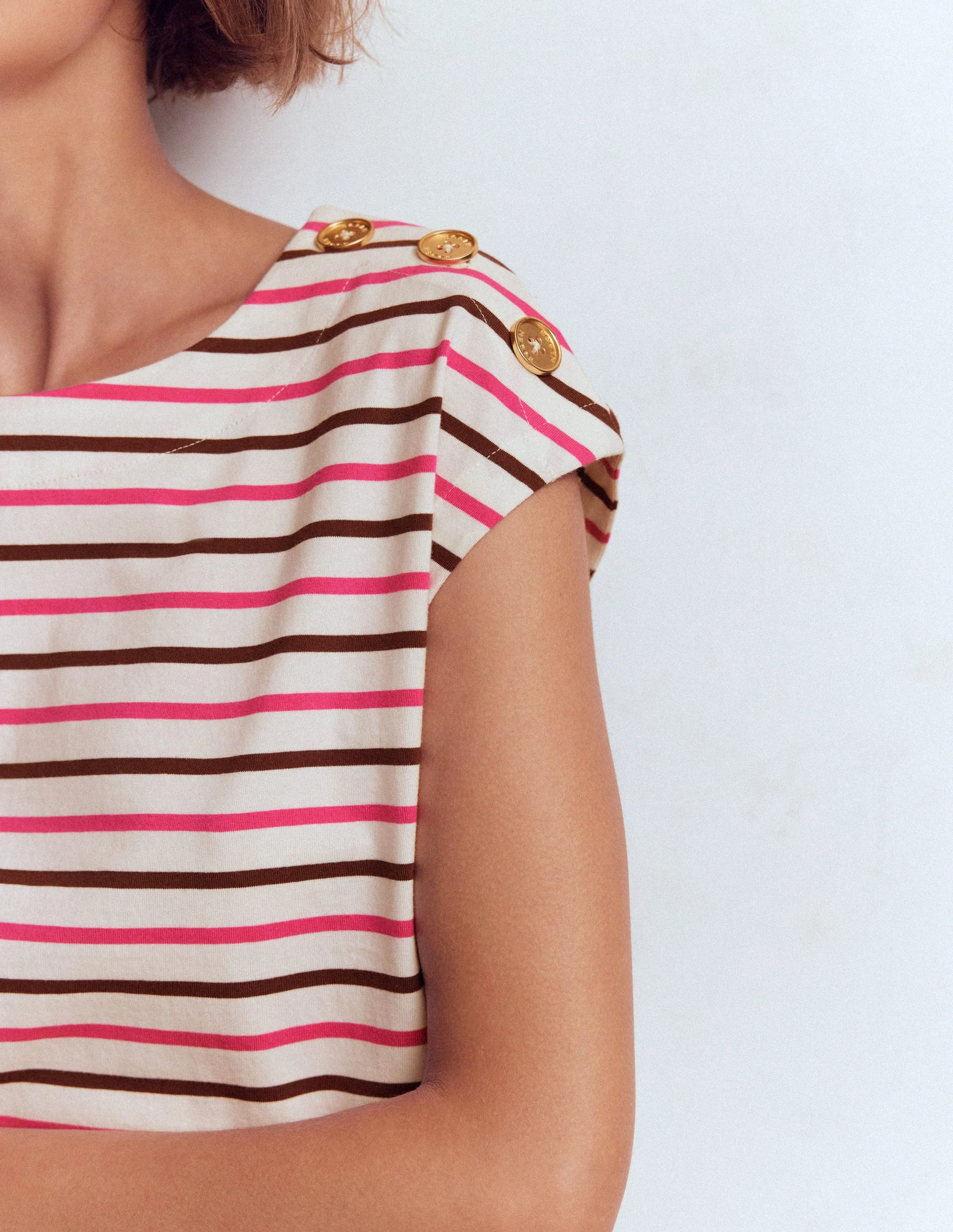T-Shirt mit Knopfdetail-Rosa Pfingstrose, Umbra Streifen - Image 2