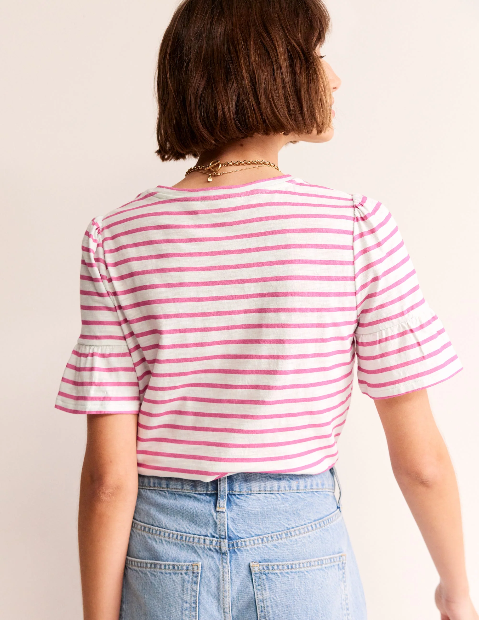 T-Shirt mit Rundhalsausschnitt und Rüschen-Ärmeln-Naturweiß Sangria Sunset Pink - Image 3