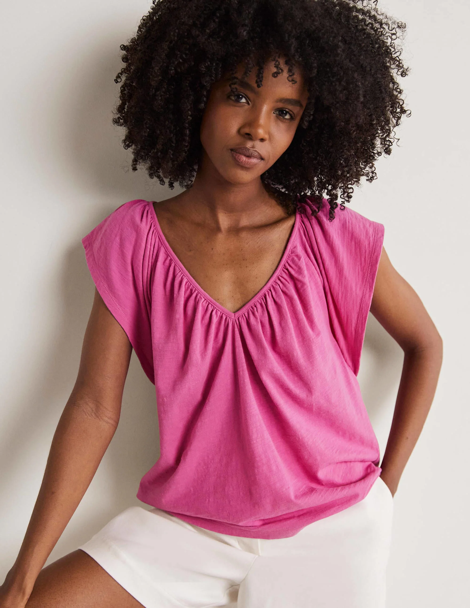 T-Shirt mit V-Ausschnitt und Flatterärmeln-Rosa, Weltraum