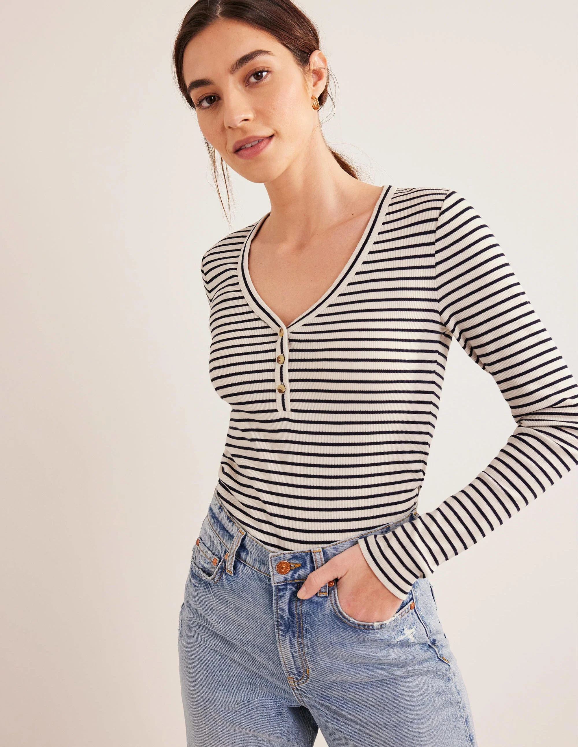 Tailliertes Henley-Oberteil mit Streifen-Naturweiß/Navy, Gestreift - Image 4