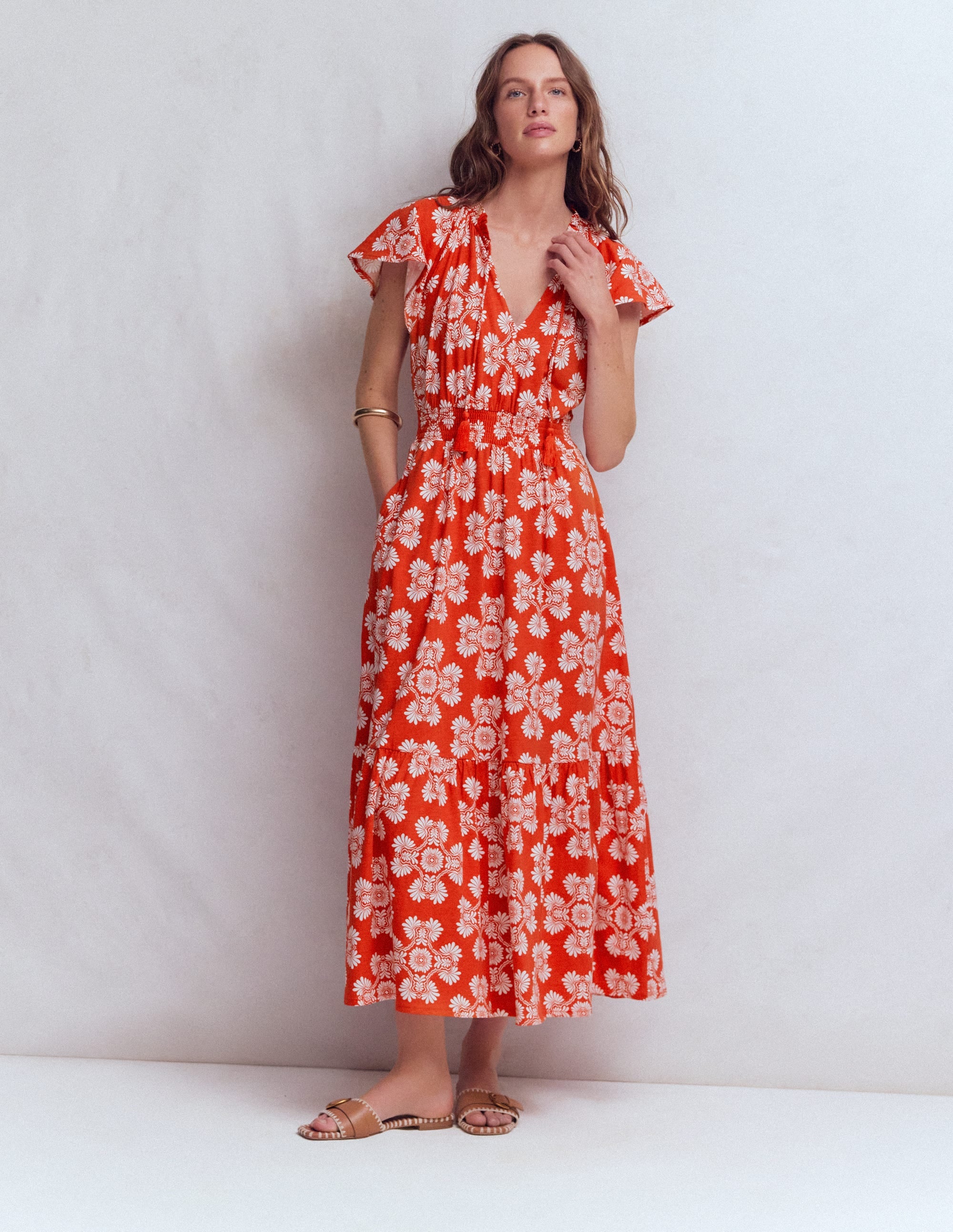 Tala Gestuftes Jersey-Maxikleid-Blutorange, Botanischer Zauber