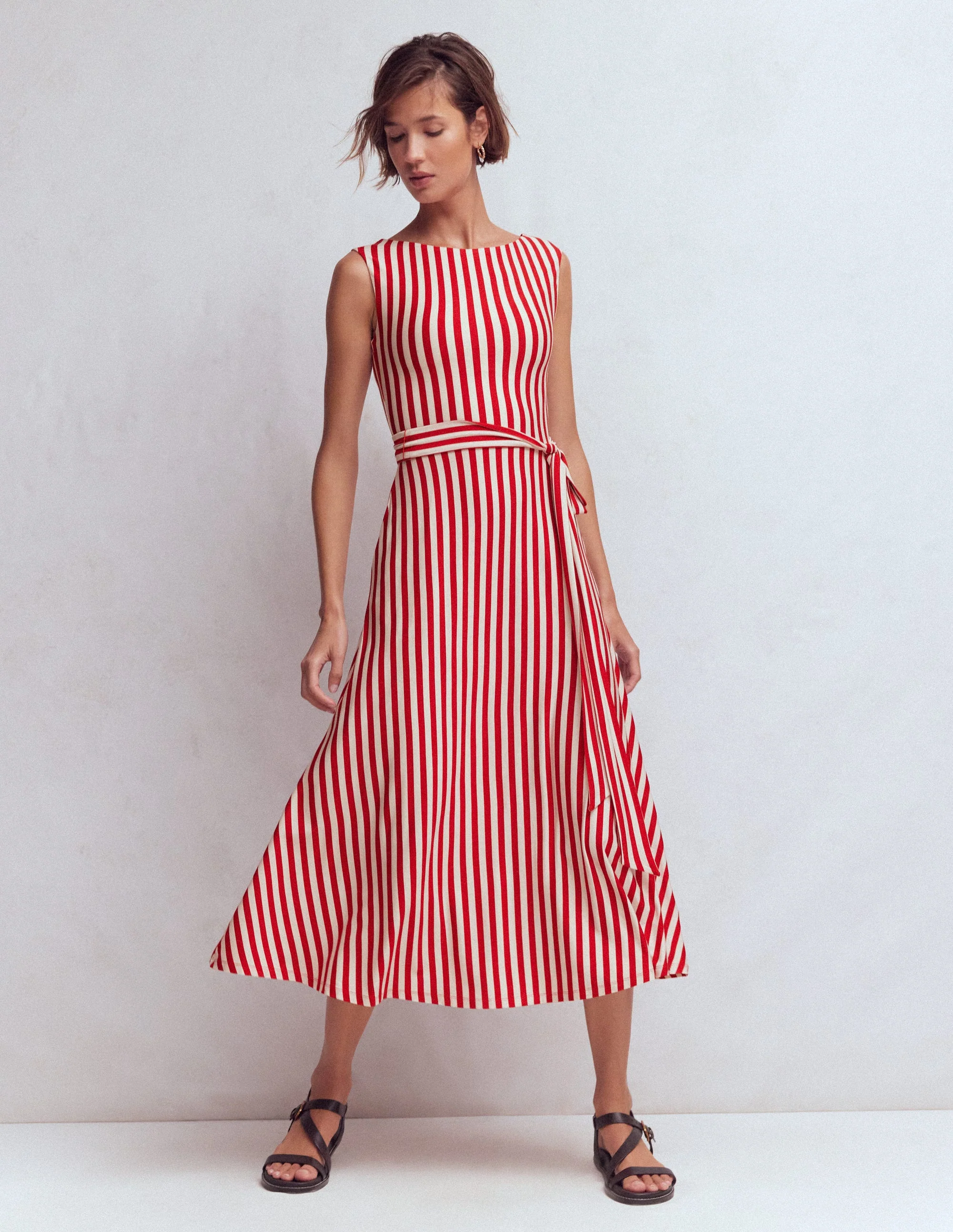 Tamsin Jersey-Midikleid-Merida-Rot und Naturweiß Streifen