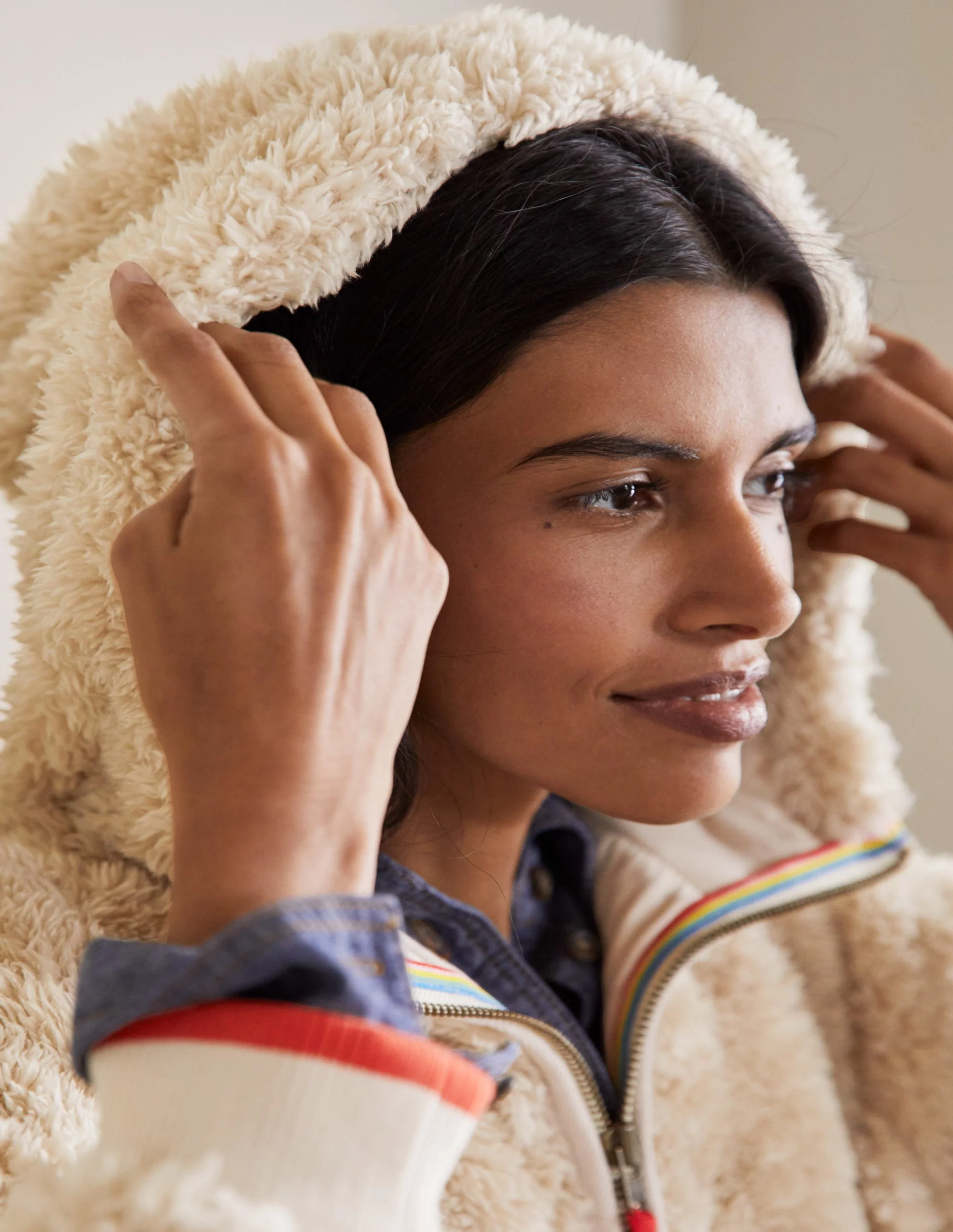 Teddy-Hoodie mit halbem Reißverschluss-Ecru