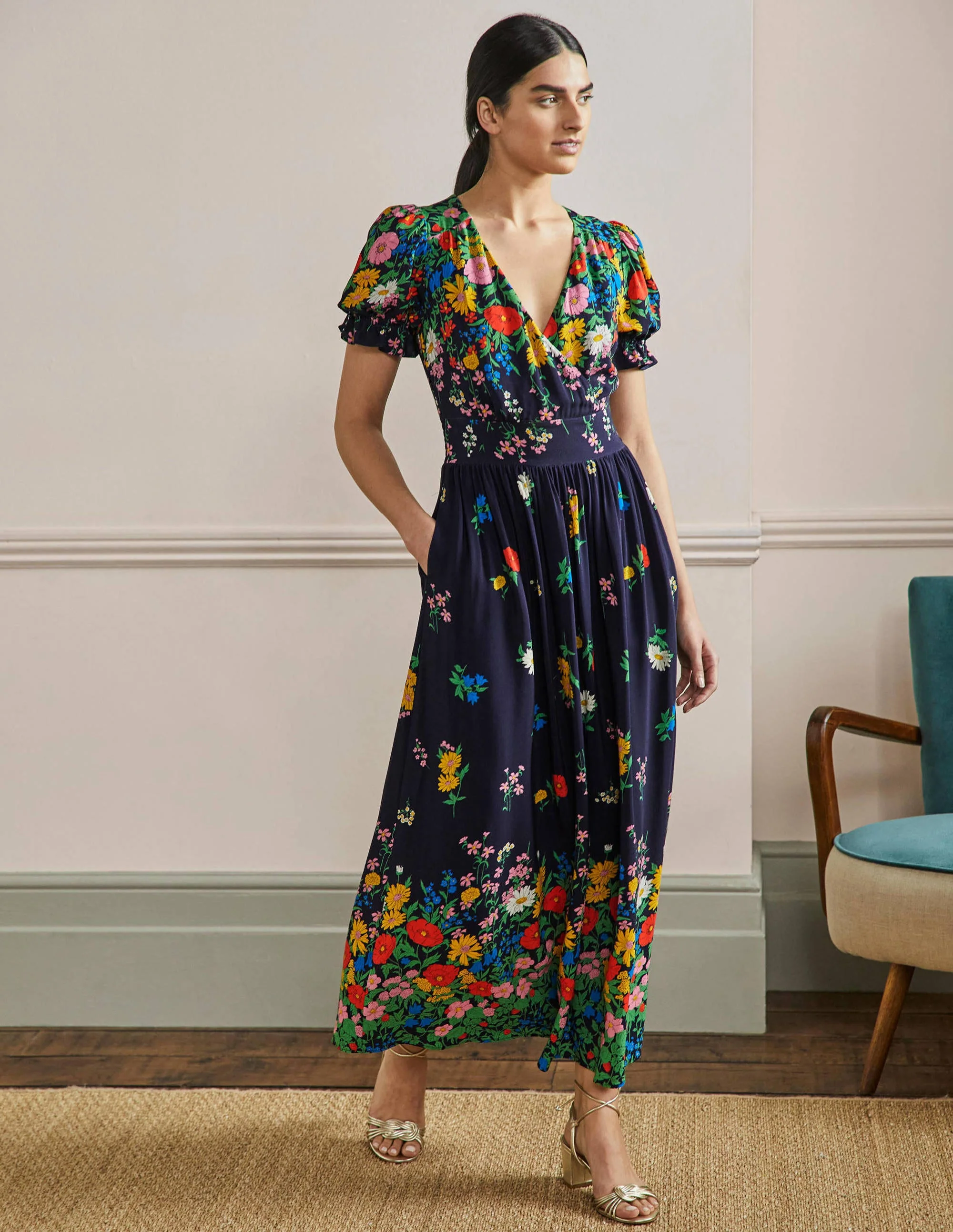 Tessa Maxikleid-Französisches Navy, Gartenblumen