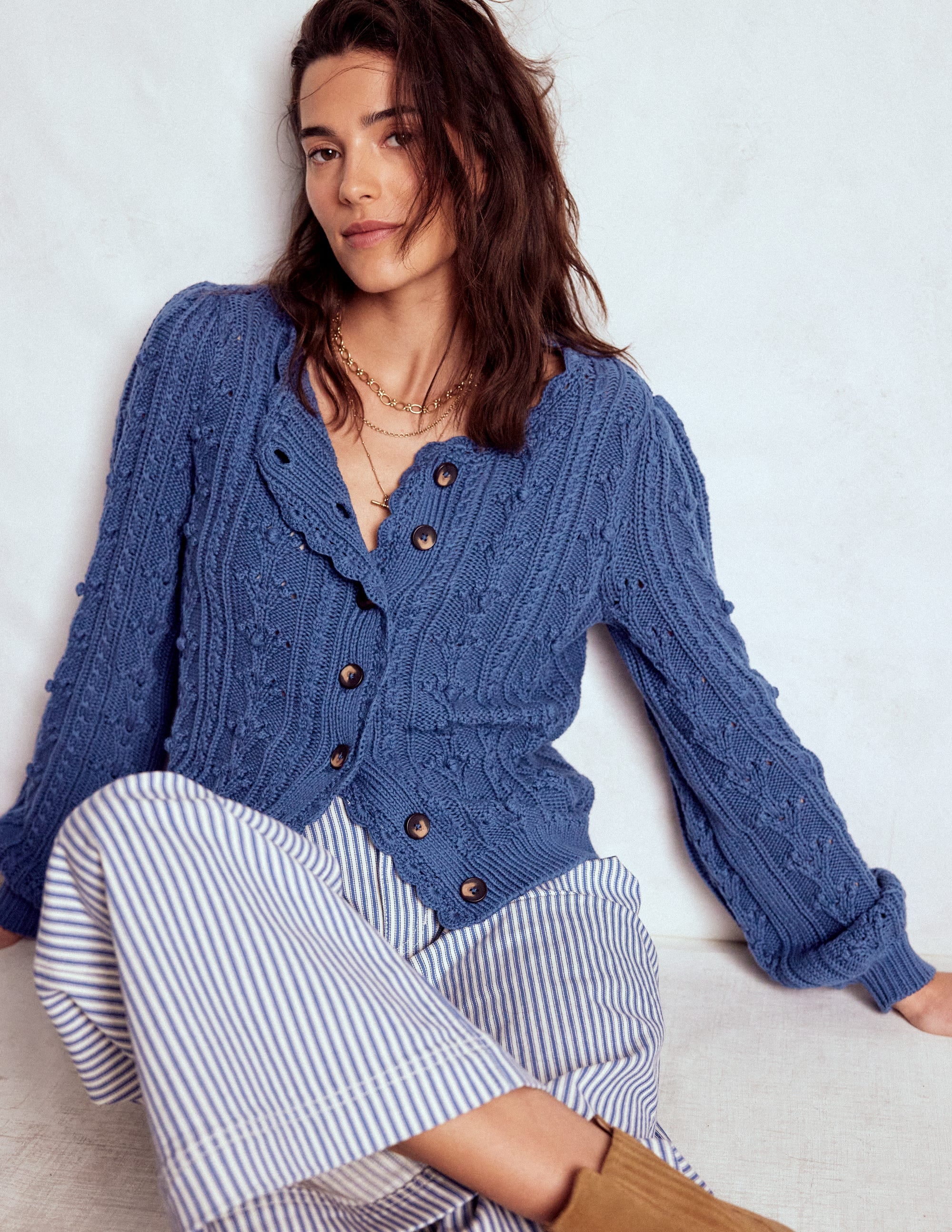 Texturierte Strickjacke aus Baumwolle-Denim-Blau