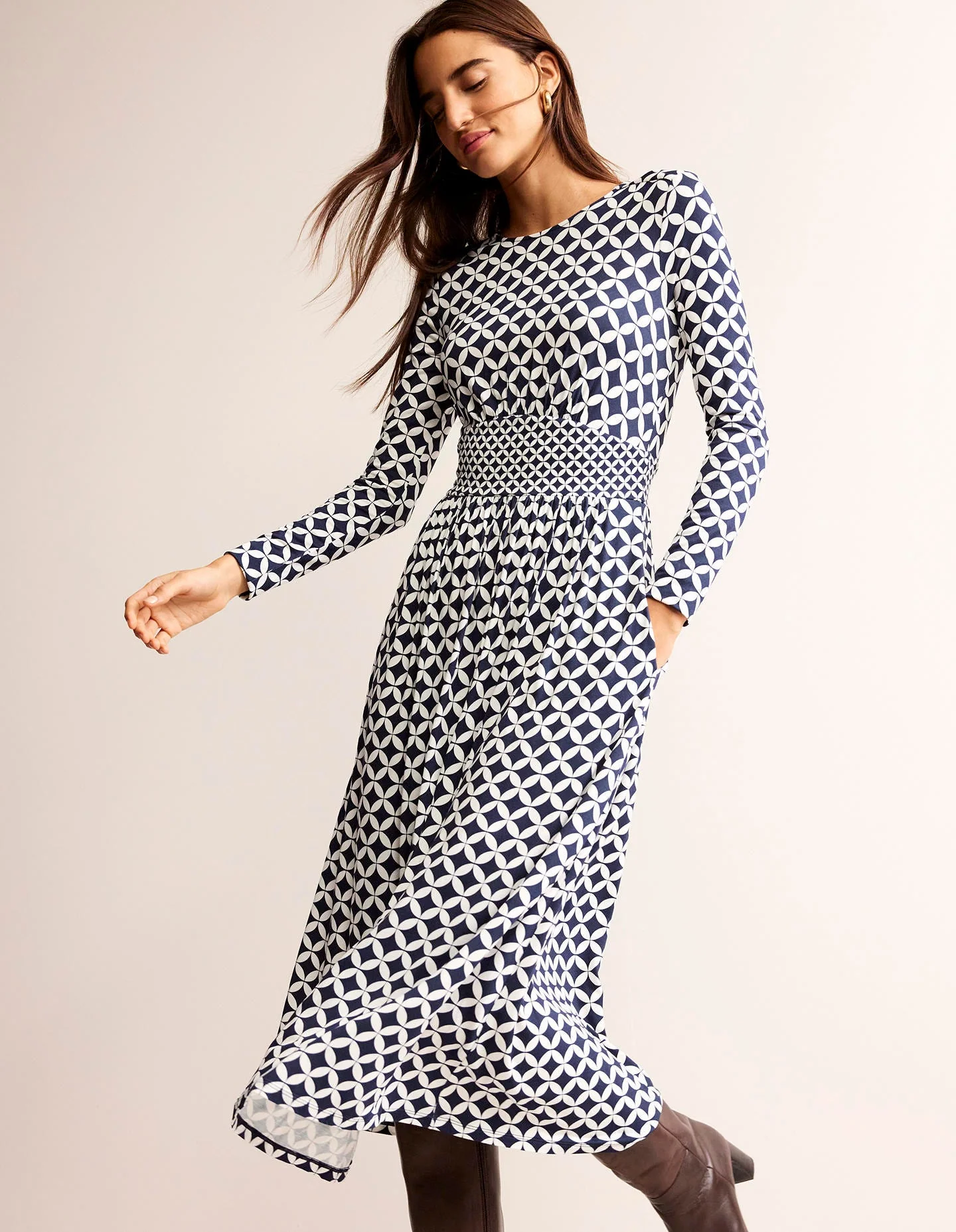 Thea Jersey-Midikleid mit langen Ärmeln-Französisches Marineblau, Diamond Terrace