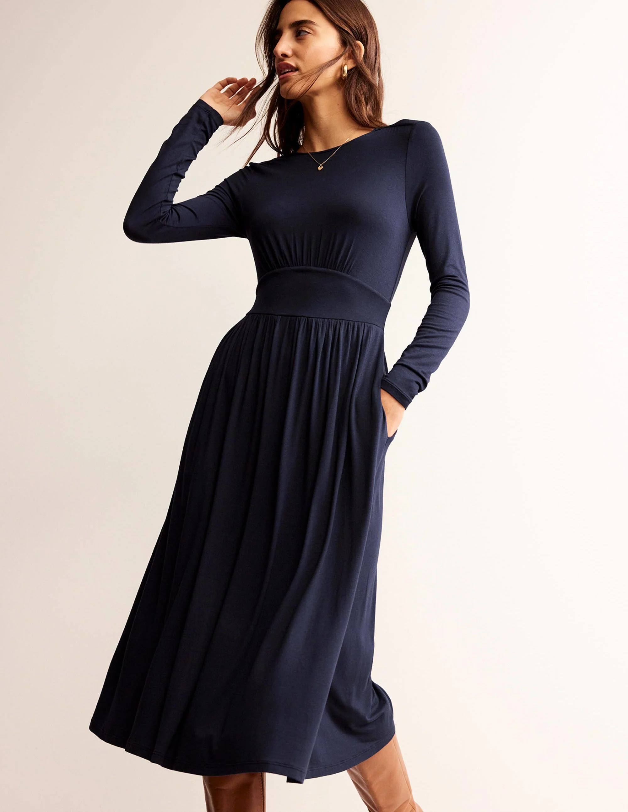 Thea Jersey-Midikleid mit langen Ärmeln-Marineblau - Image 4