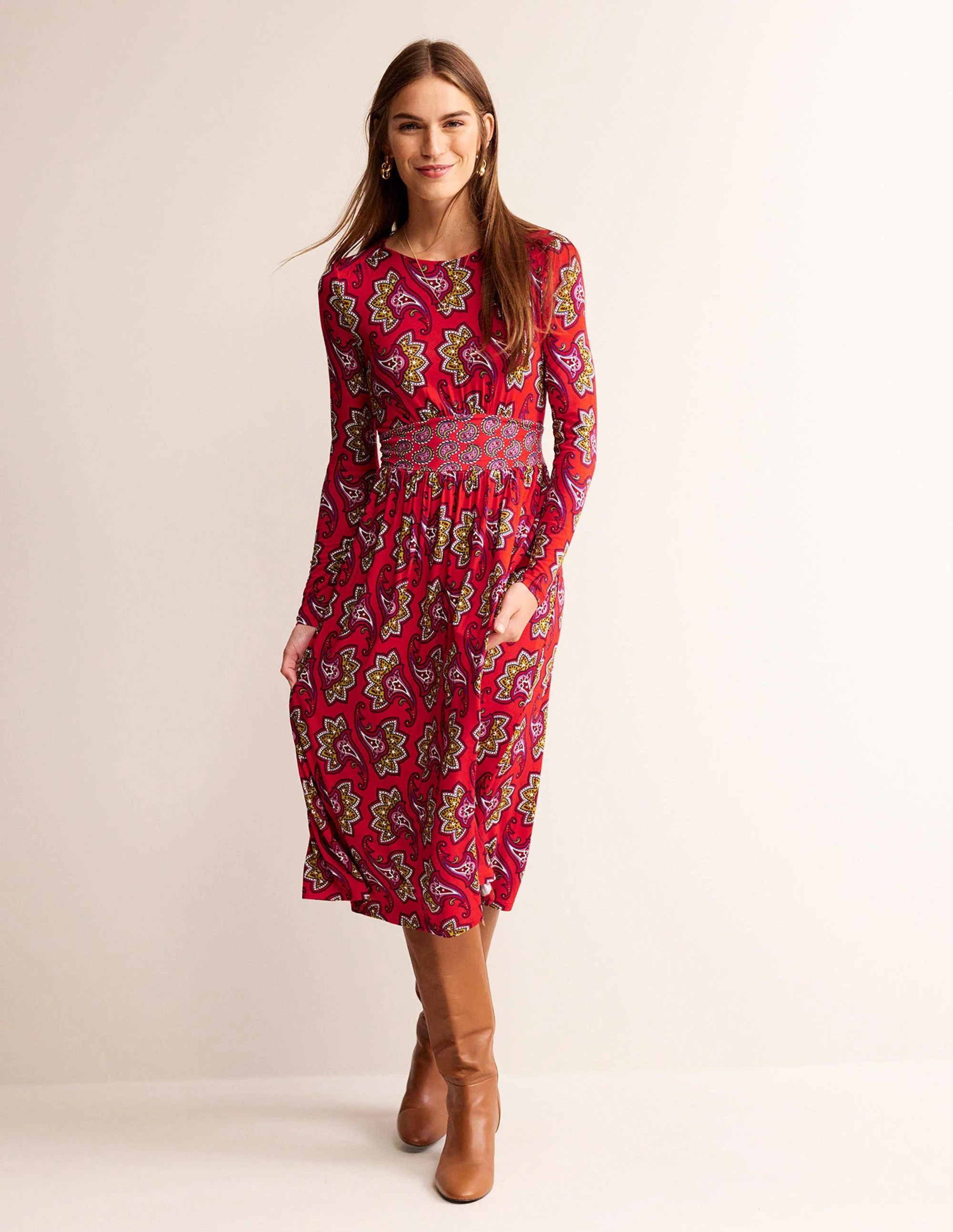 Thea Jersey-Midikleid mit langen Ärmeln-Rot, Paisley-Amaryllis
