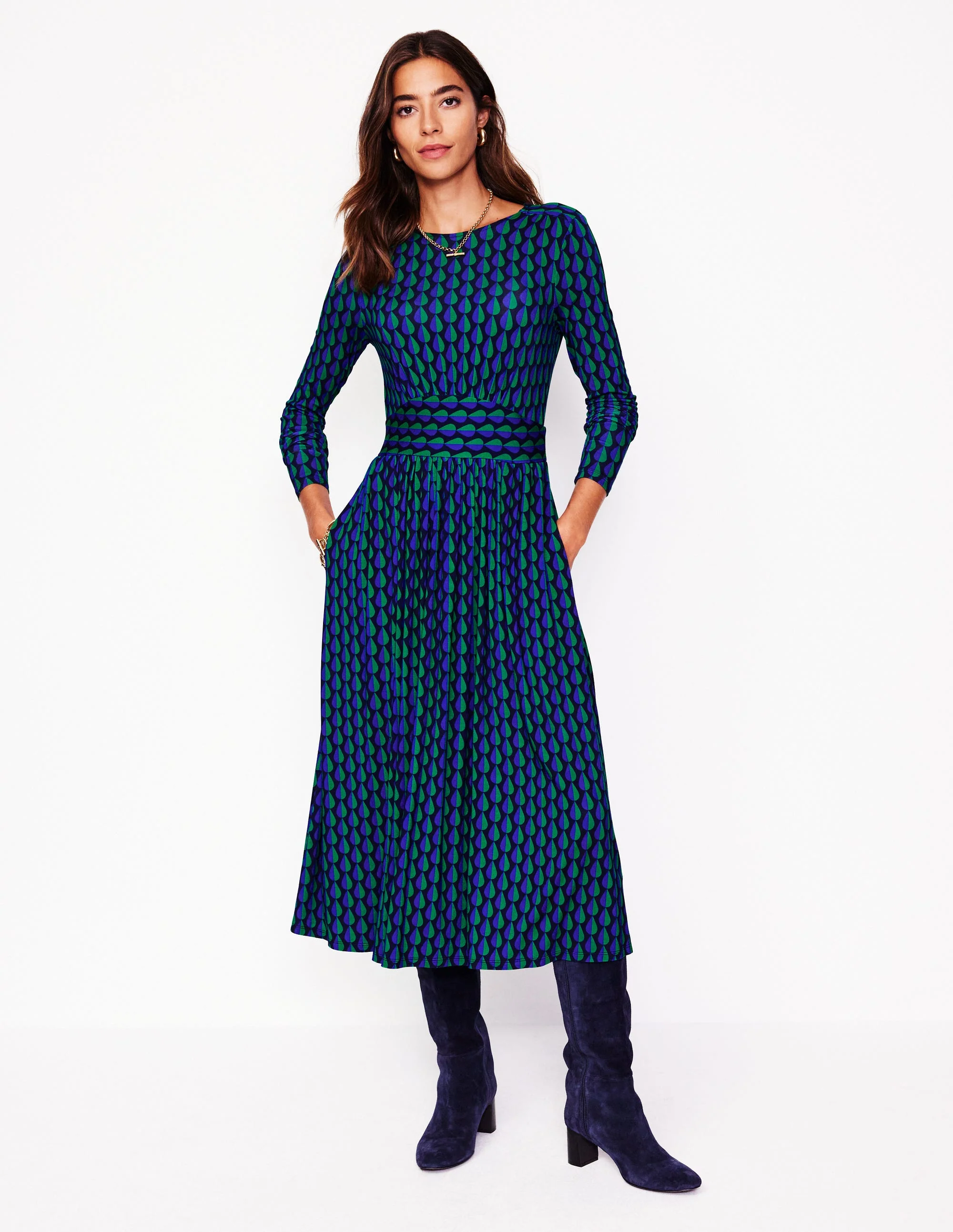 Thea Jerseykleid mit langen Ärmeln-Kiefer, geometrische Regentropfen