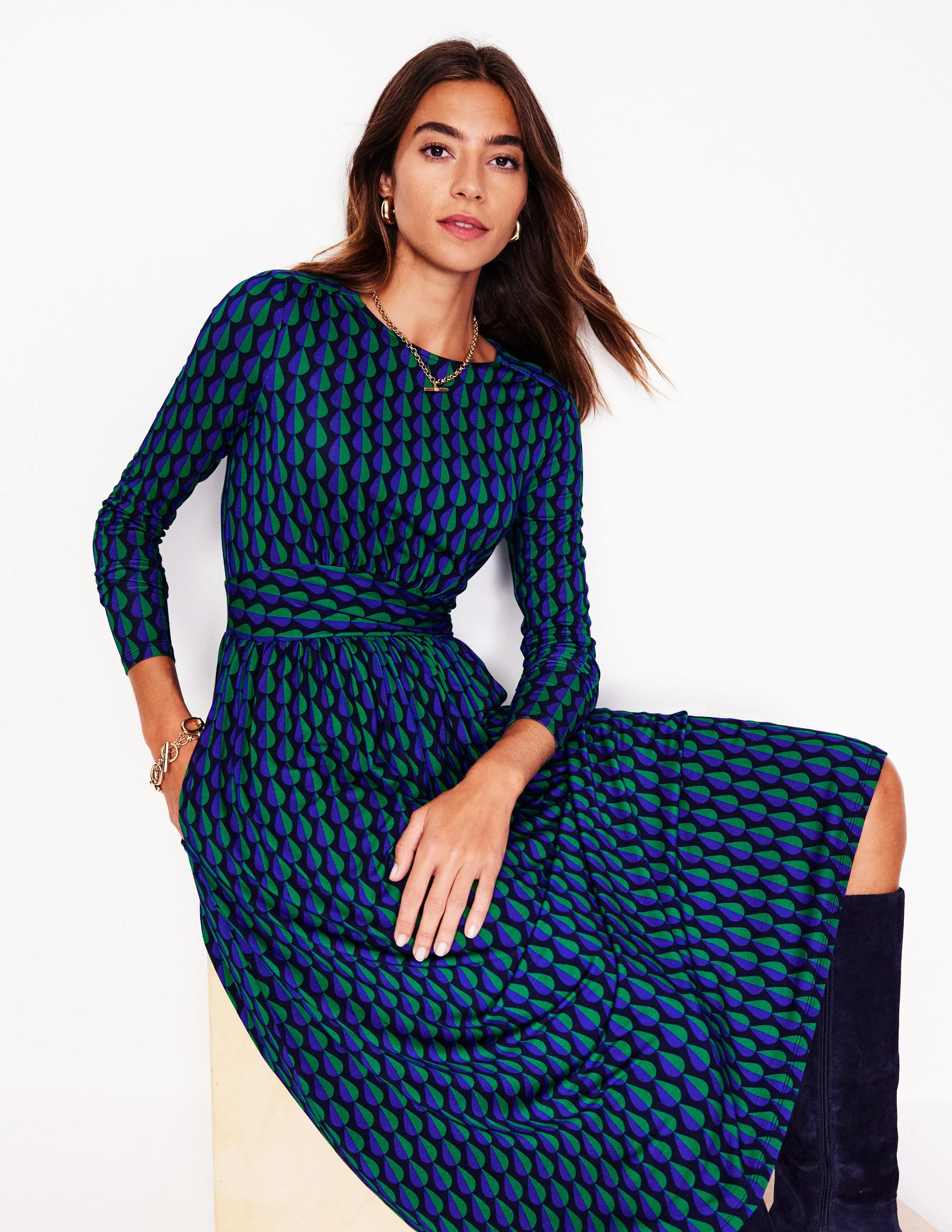 Thea Jerseykleid mit langen Ärmeln-Kiefer, geometrische Regentropfen - Image 4