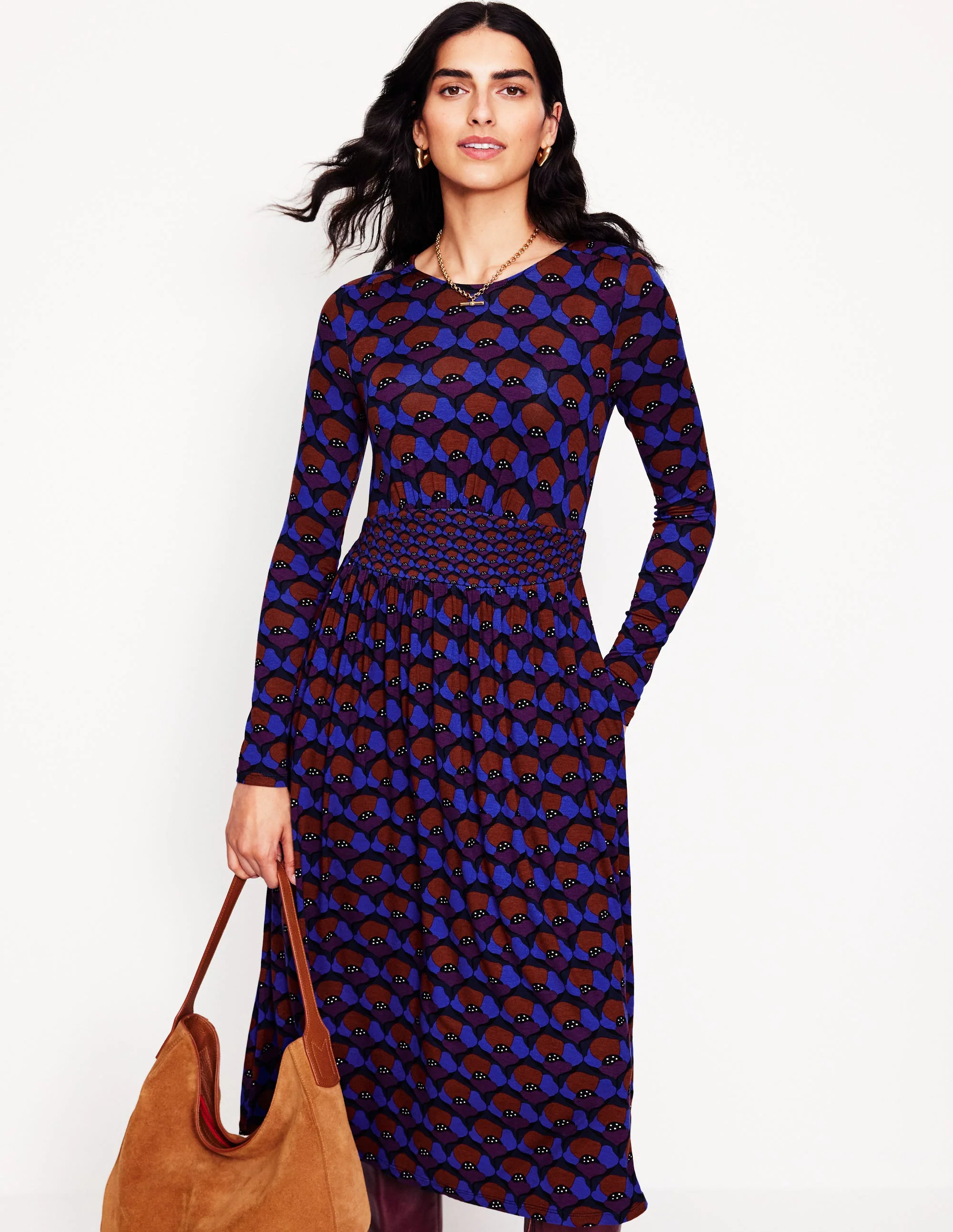 Thea Jerseykleid mit langen Ärmeln-Zwetschge, Mohnblumenstempel - Image 4