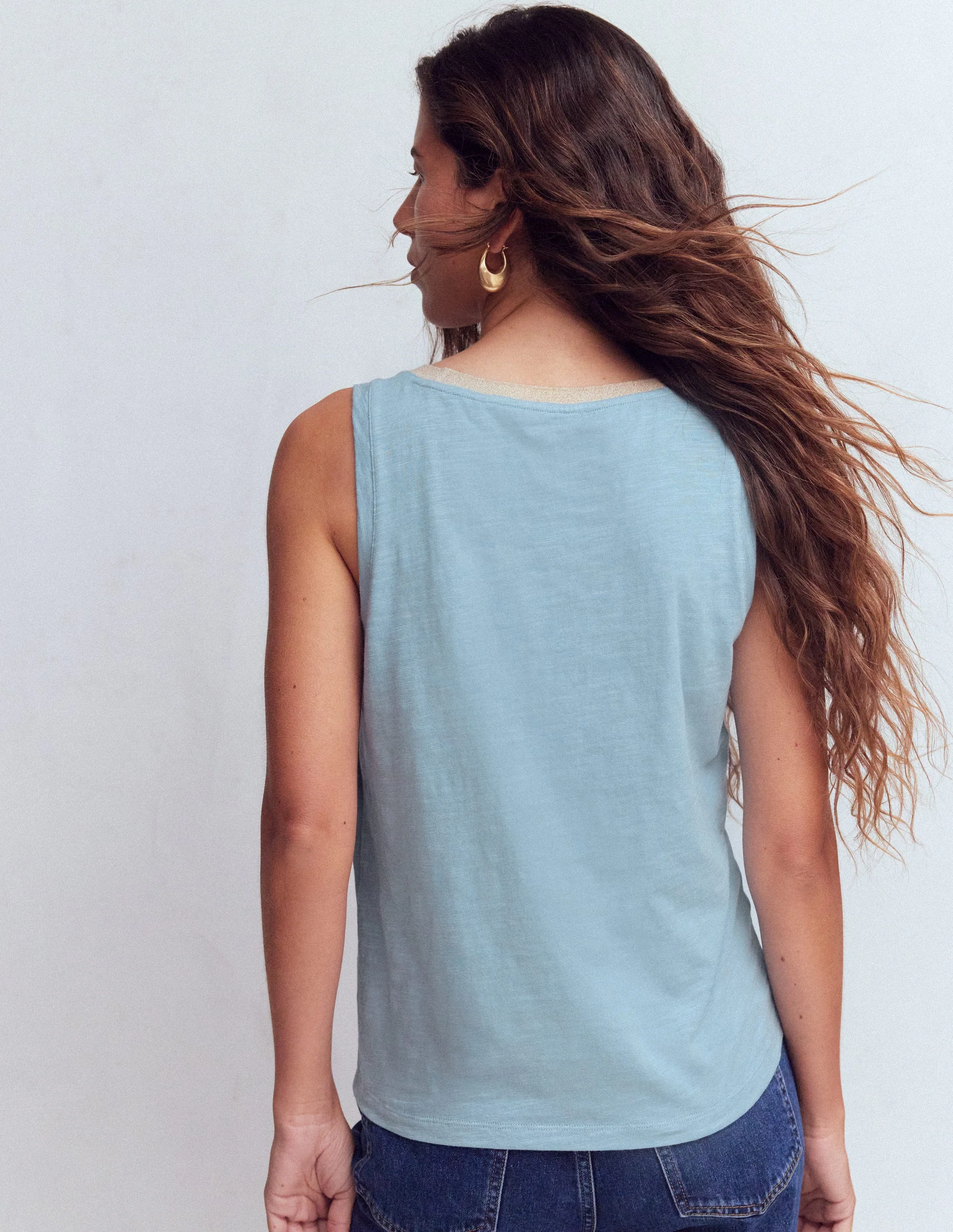 Top mit Metallic-Besatz und tiefem Rundhalsausschnitt-Französisches Blau - Image 3