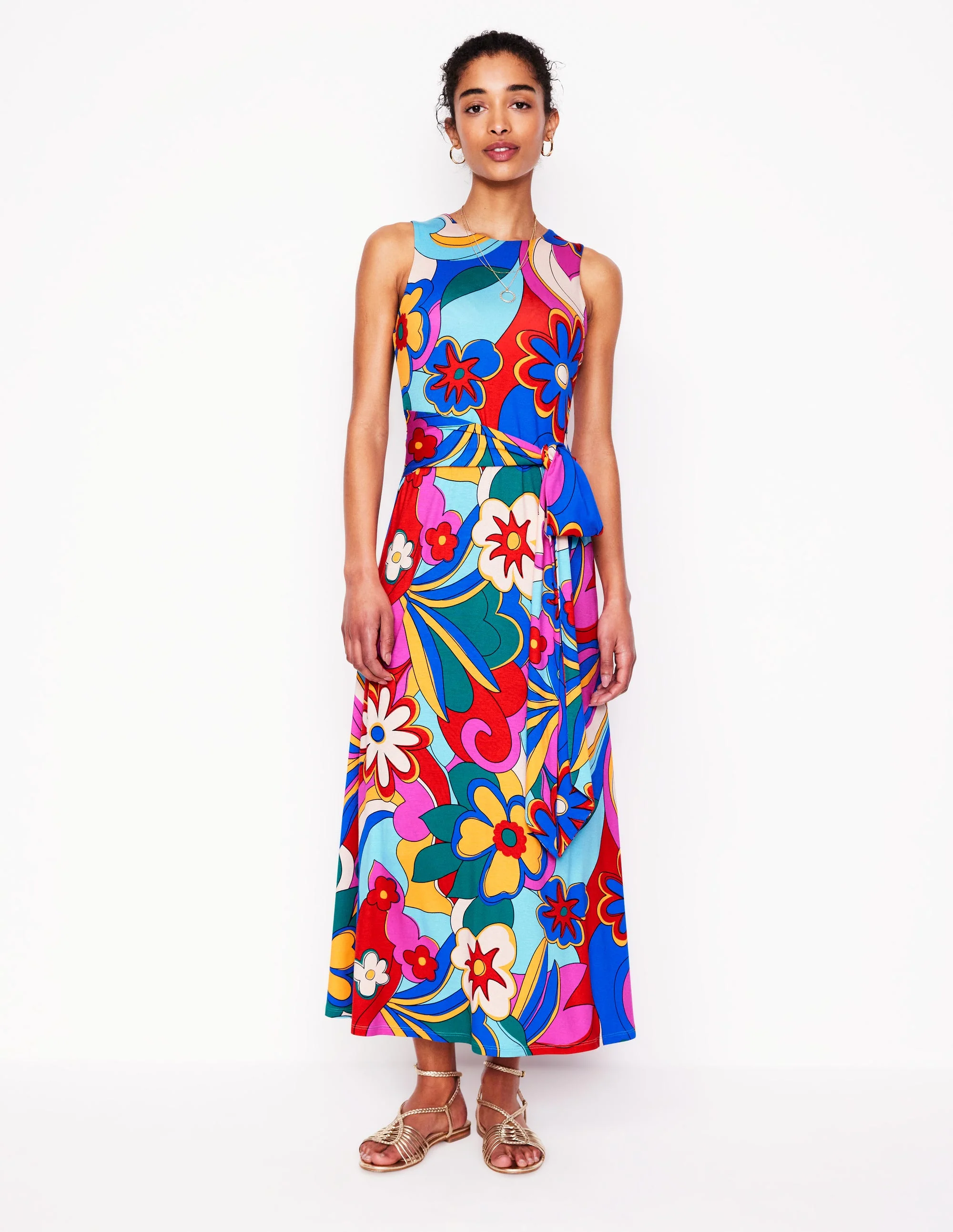 Trapezkleid mit befestigtem Bindegürtel-Bunt, Blühender Pepp
