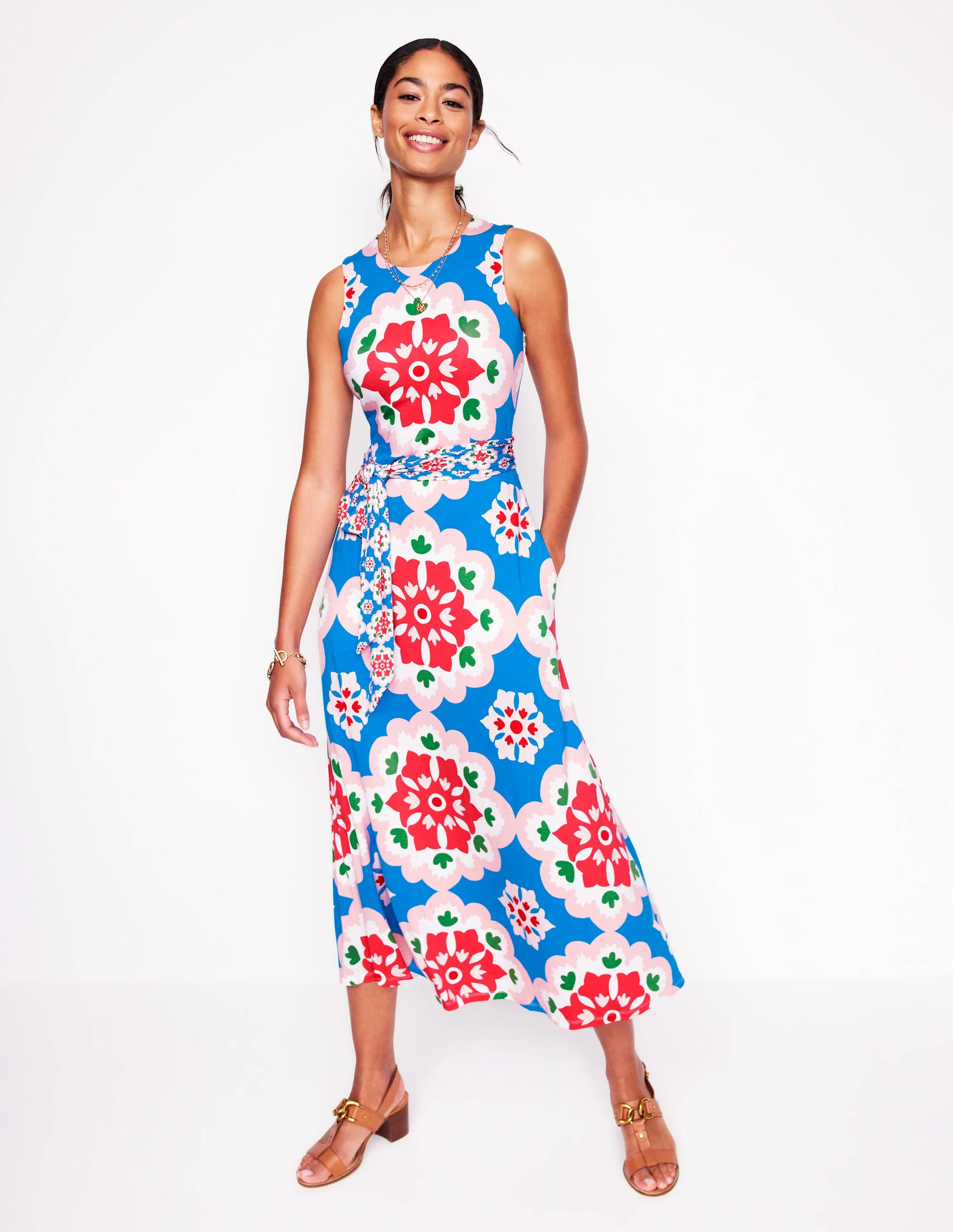 Trapezkleid mit befestigtem Bindegürtel-Himmelblau, Geometrische Blüten