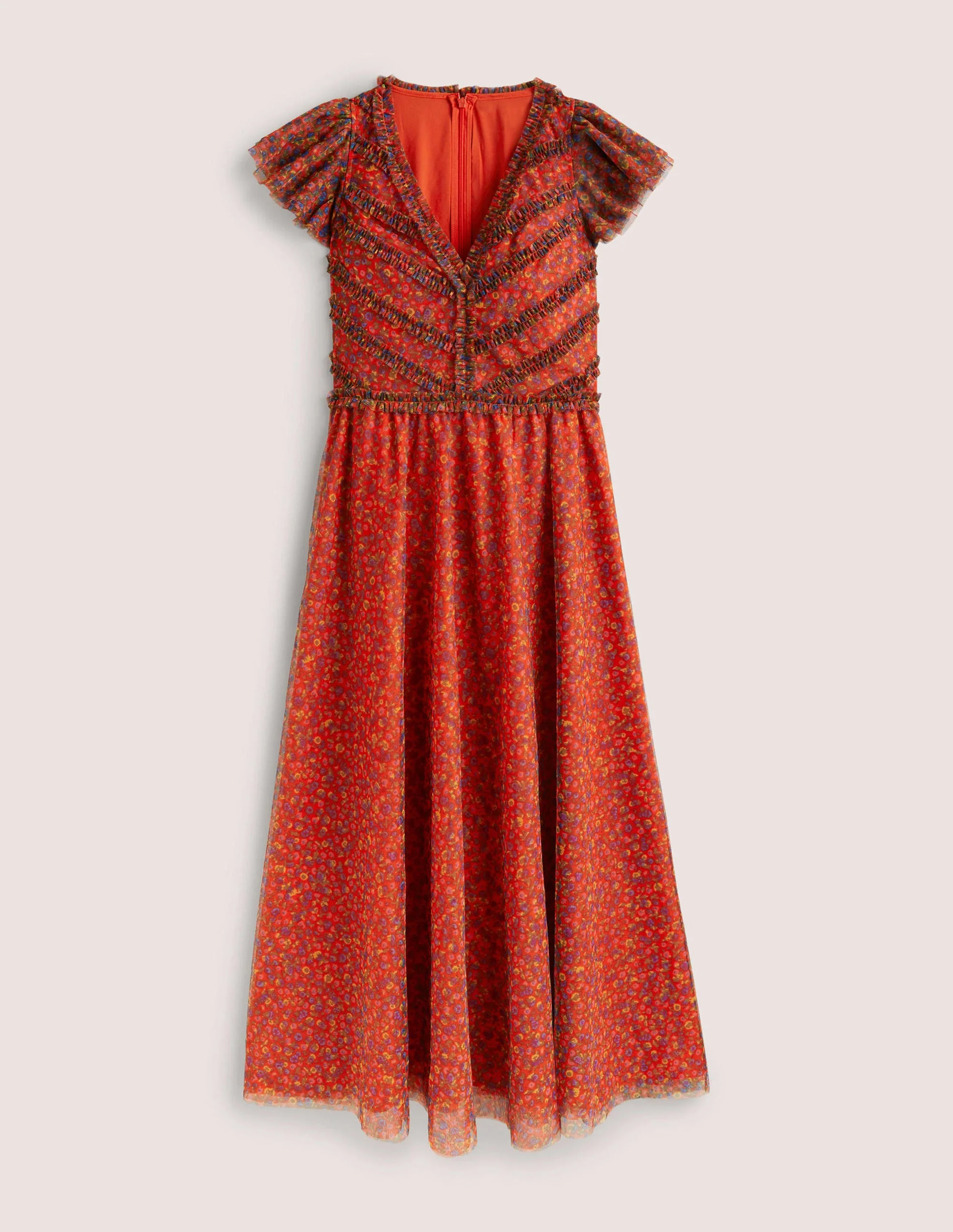 Tüll-Maxikleid mit V-Ausschnitt-Raketenrot, Florales Muster - Image 7