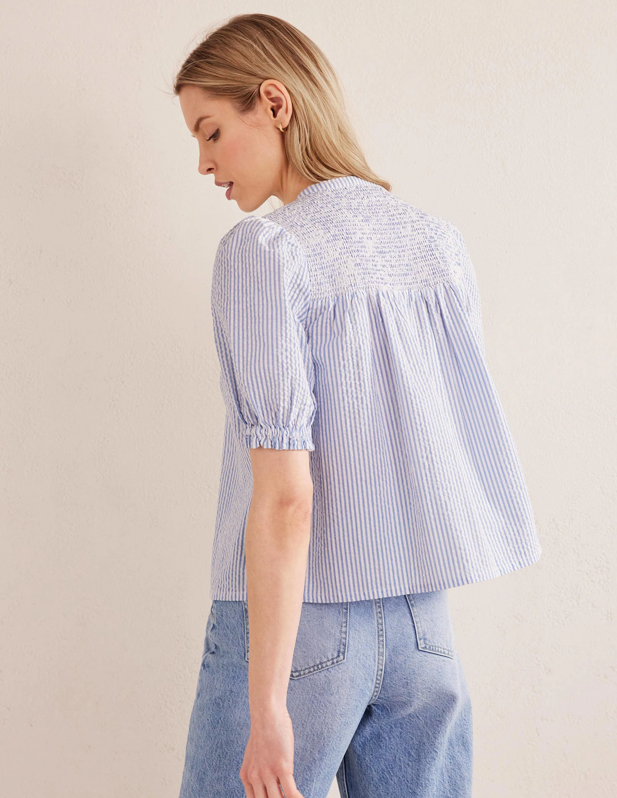 Tunika-Bluse aus Seersucker mit Puffärmeln-Provence-Blau/Naturweiß, Seersucker - Image 3