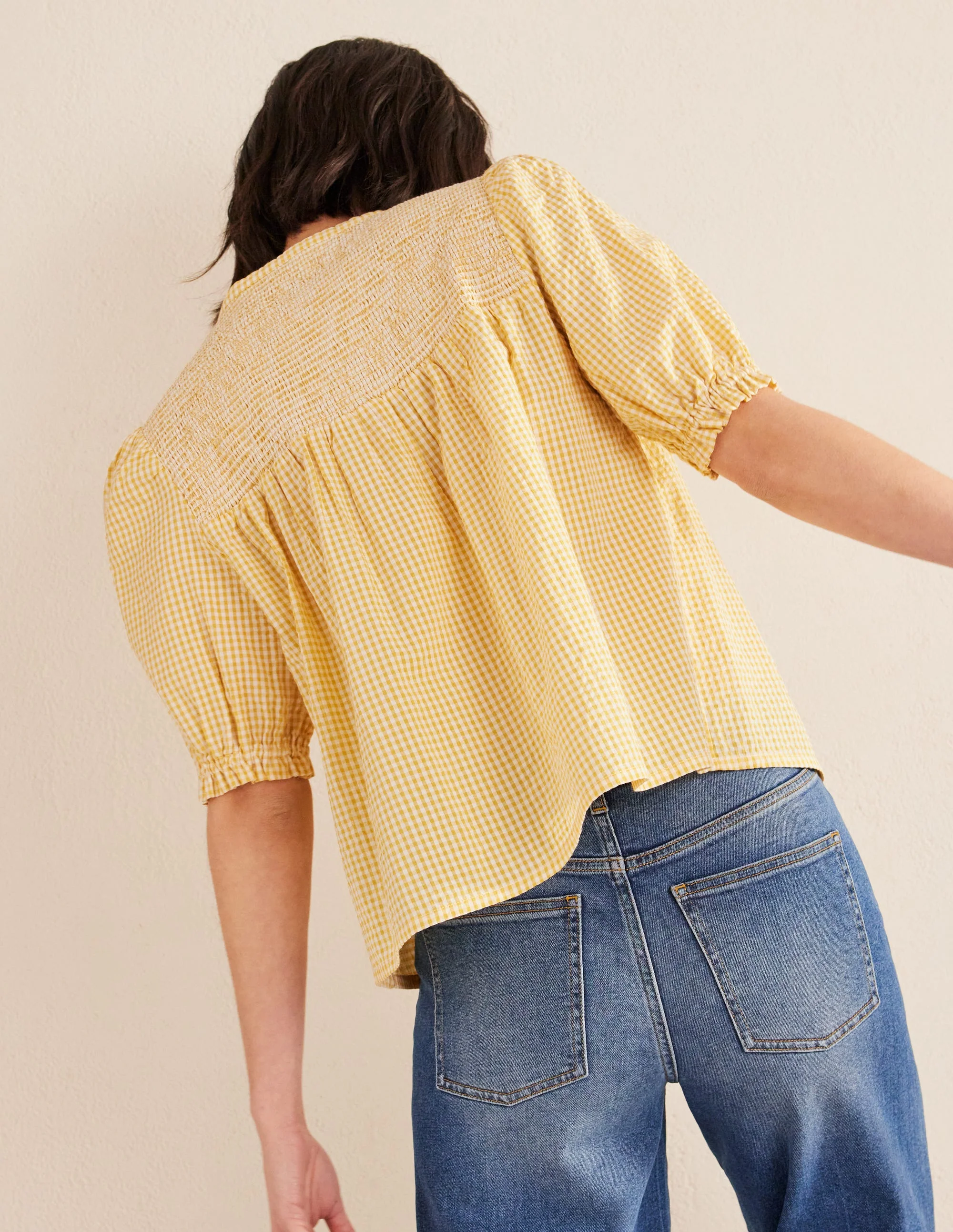 Tunika-Bluse aus Seersucker mit Puffärmeln-Süßes Honiggelb, Vichykaros - Image 3