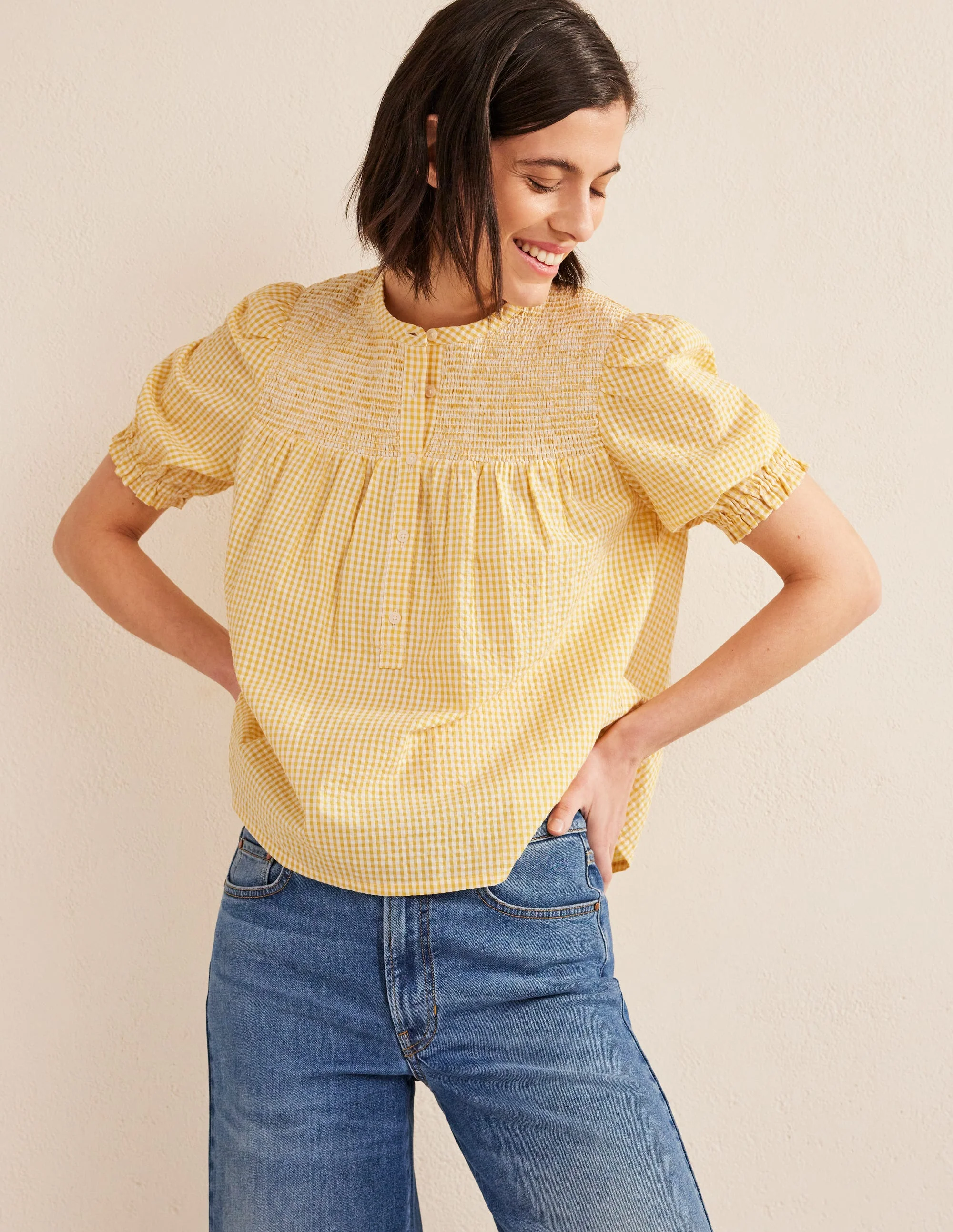 Tunika-Bluse aus Seersucker mit Puffärmeln-Süßes Honiggelb, Vichykaros - Image 4