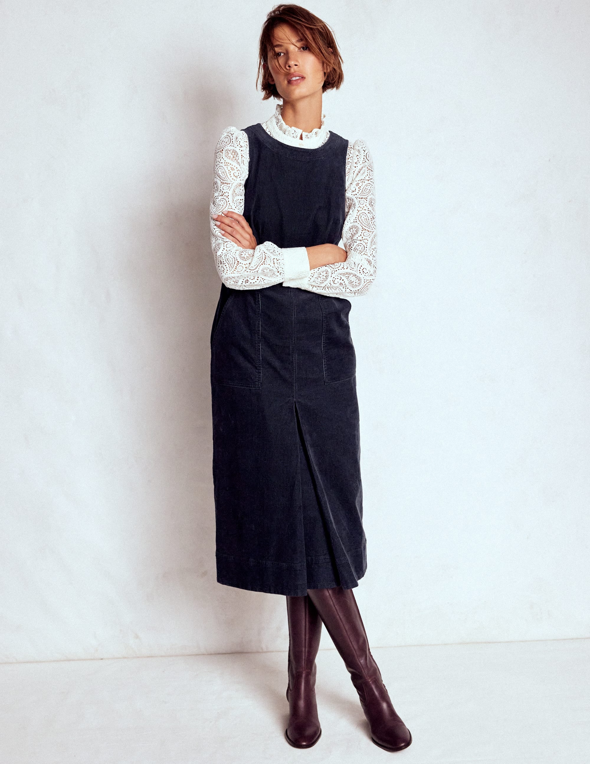 Ula Cord-Midikleid mit Kellerfalte-Mitternachtsblau