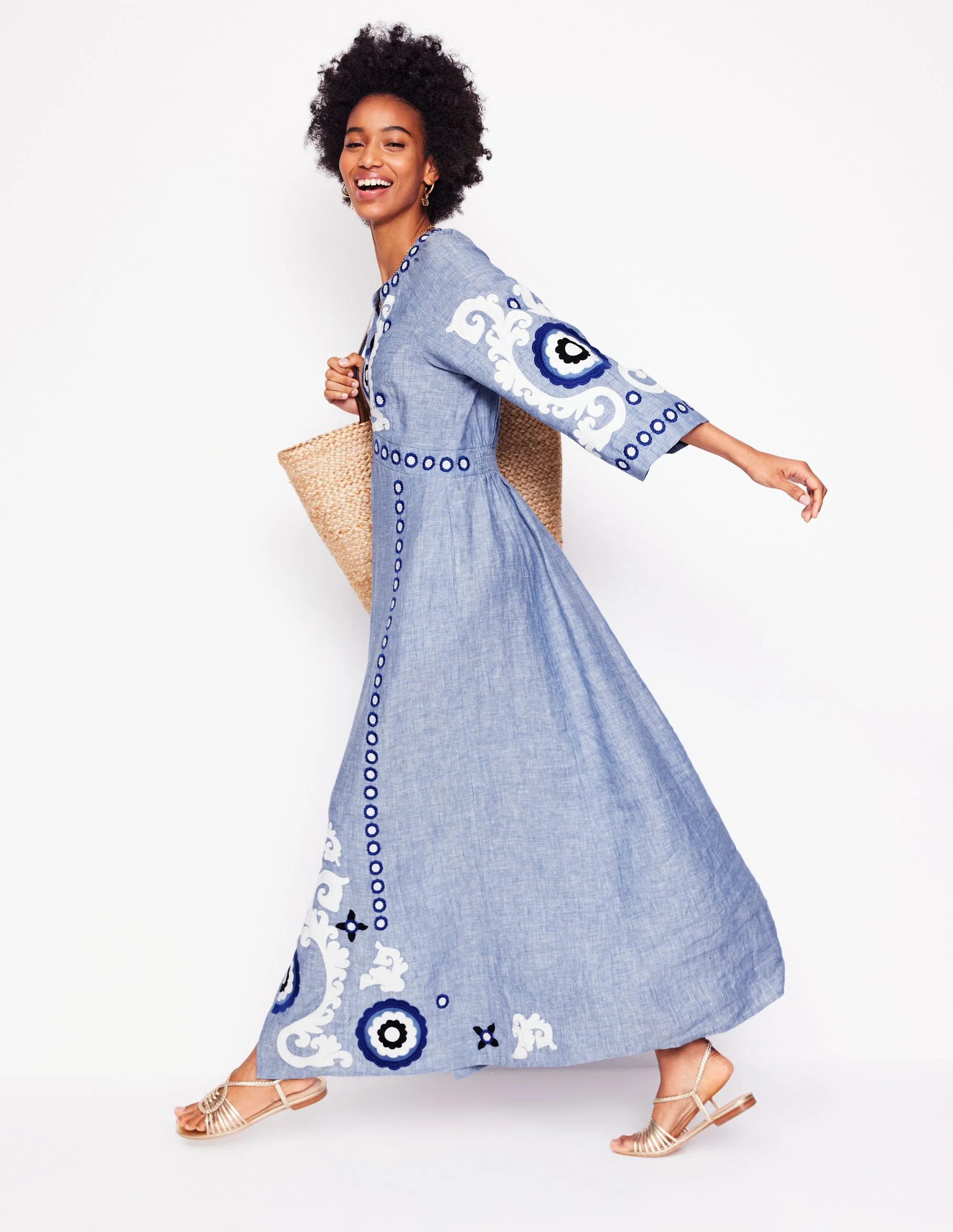 Una Leinenkleid mit Stickerei-Blauer Faux-Uni