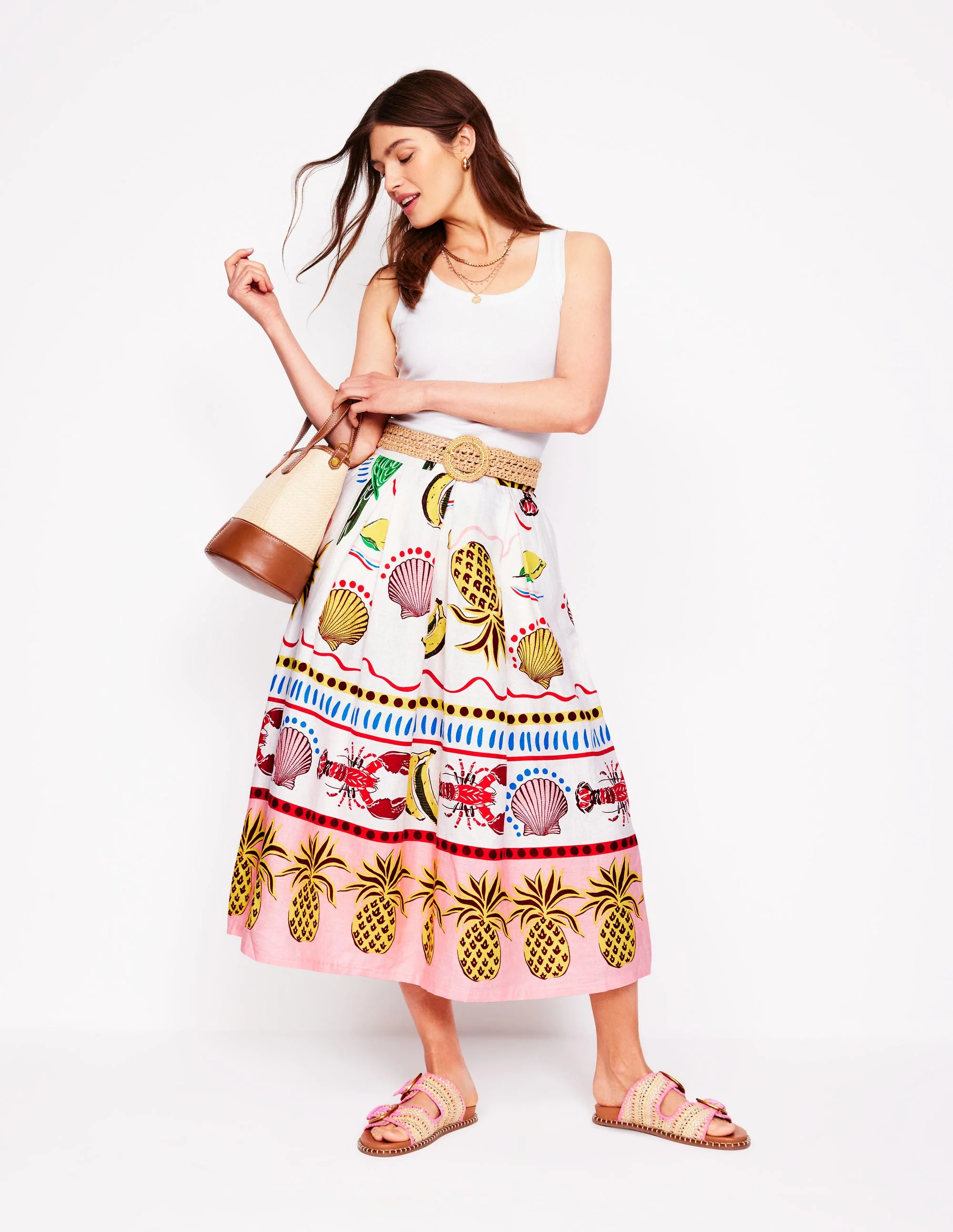 Verity Leinen-Midirock-Bunt, Tropical Bonanza-Motiv