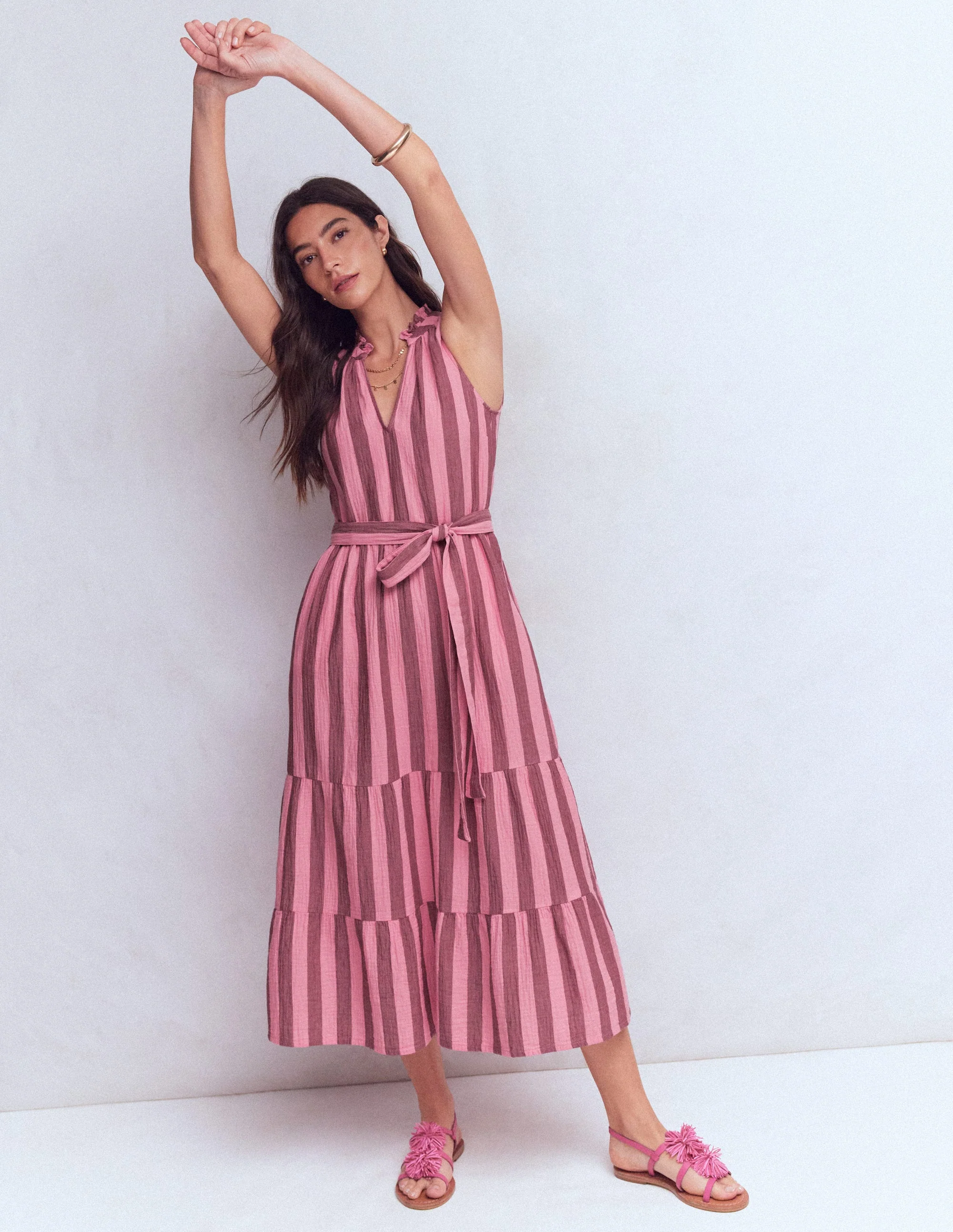 Viv Doppeltuch-Maxikleid-Braun Rosa Streifen - Image 6