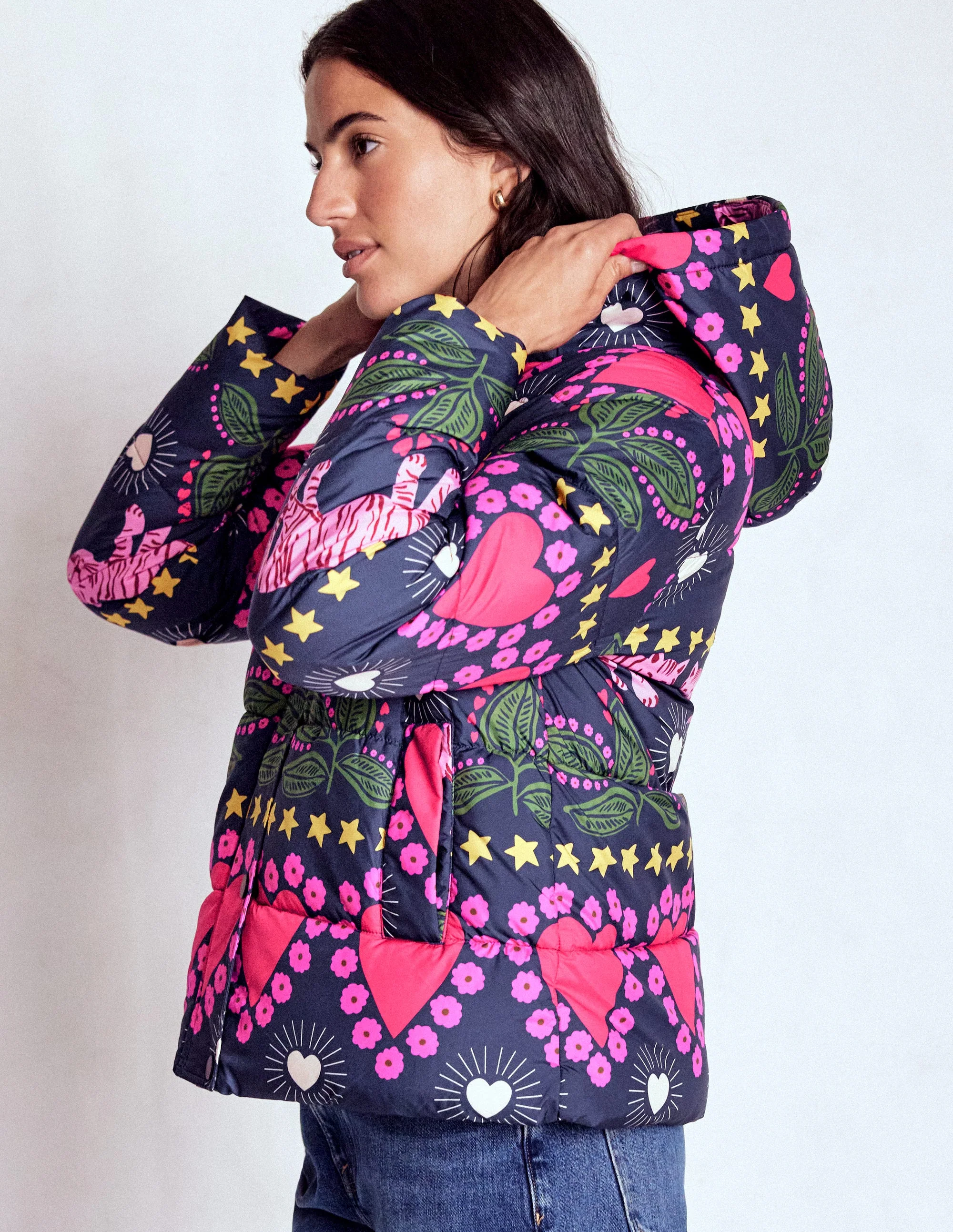 Wattierte Steppjacke-Französisches Marineblau, Verziert, Tiger