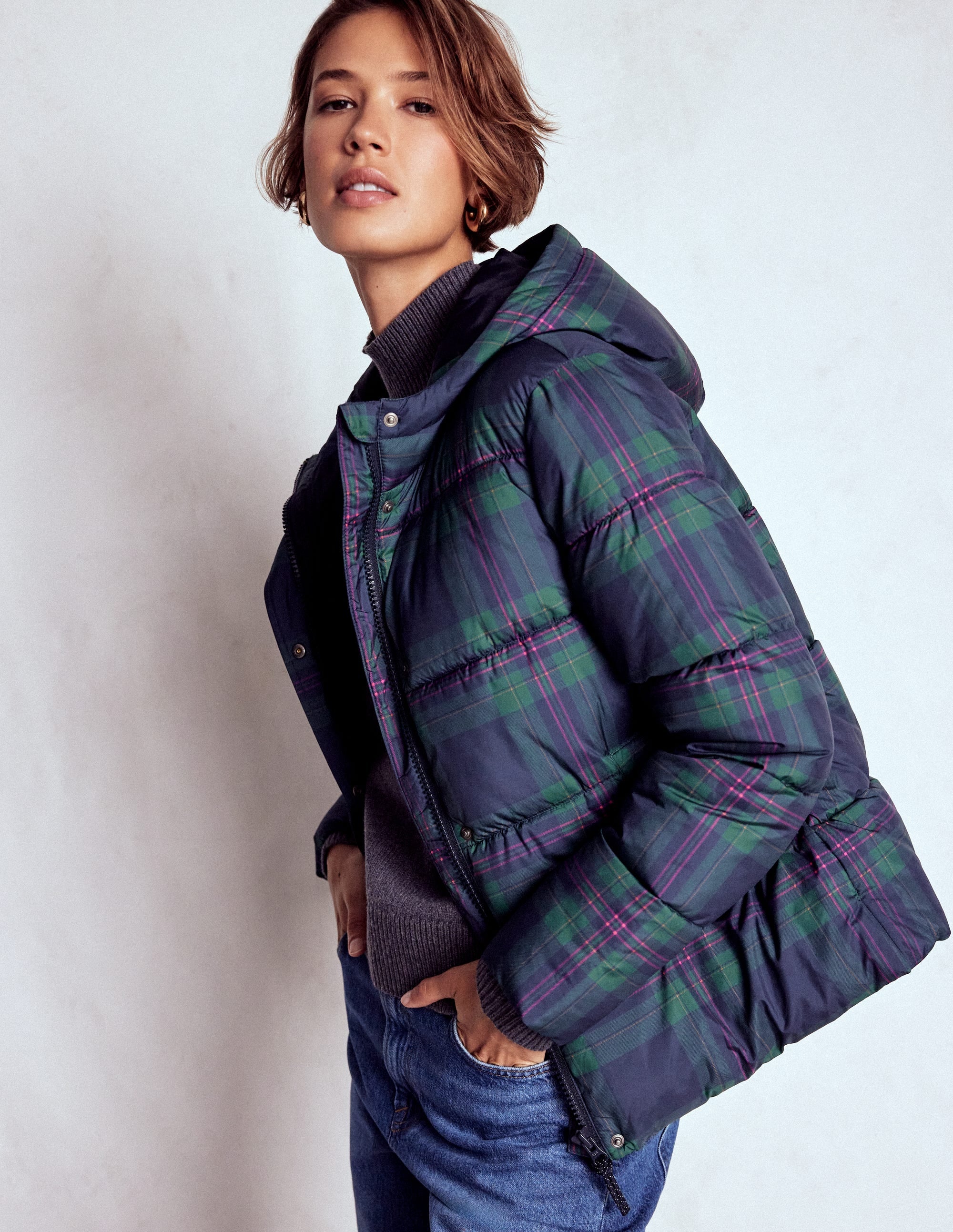 Wattierte Steppjacke-Marineblau & Grün Ton-in-Ton-Karomuster