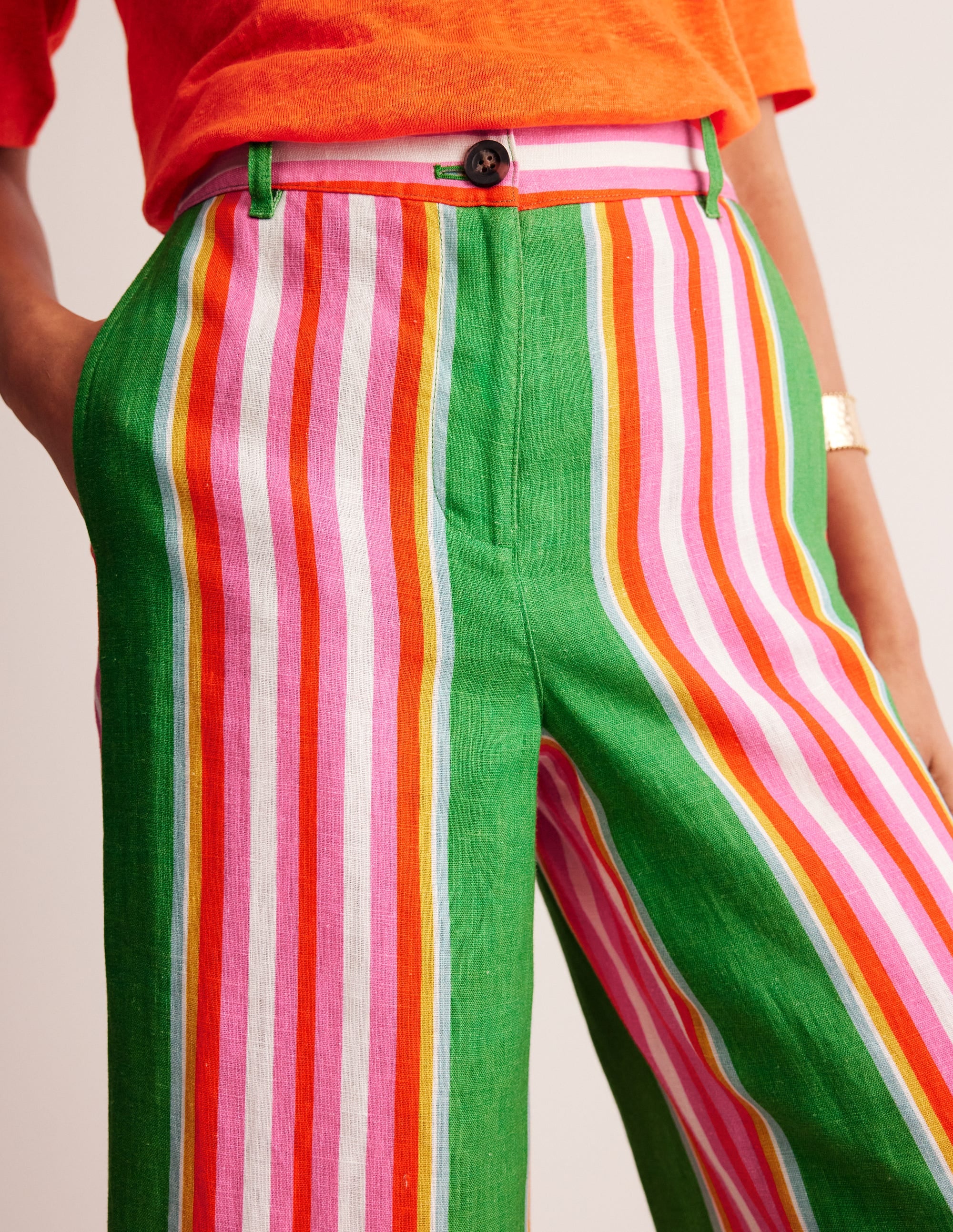 Westbourne Verkürzte Leinenhose-Grünes Tamburin, Rosa Streifen - Image 2