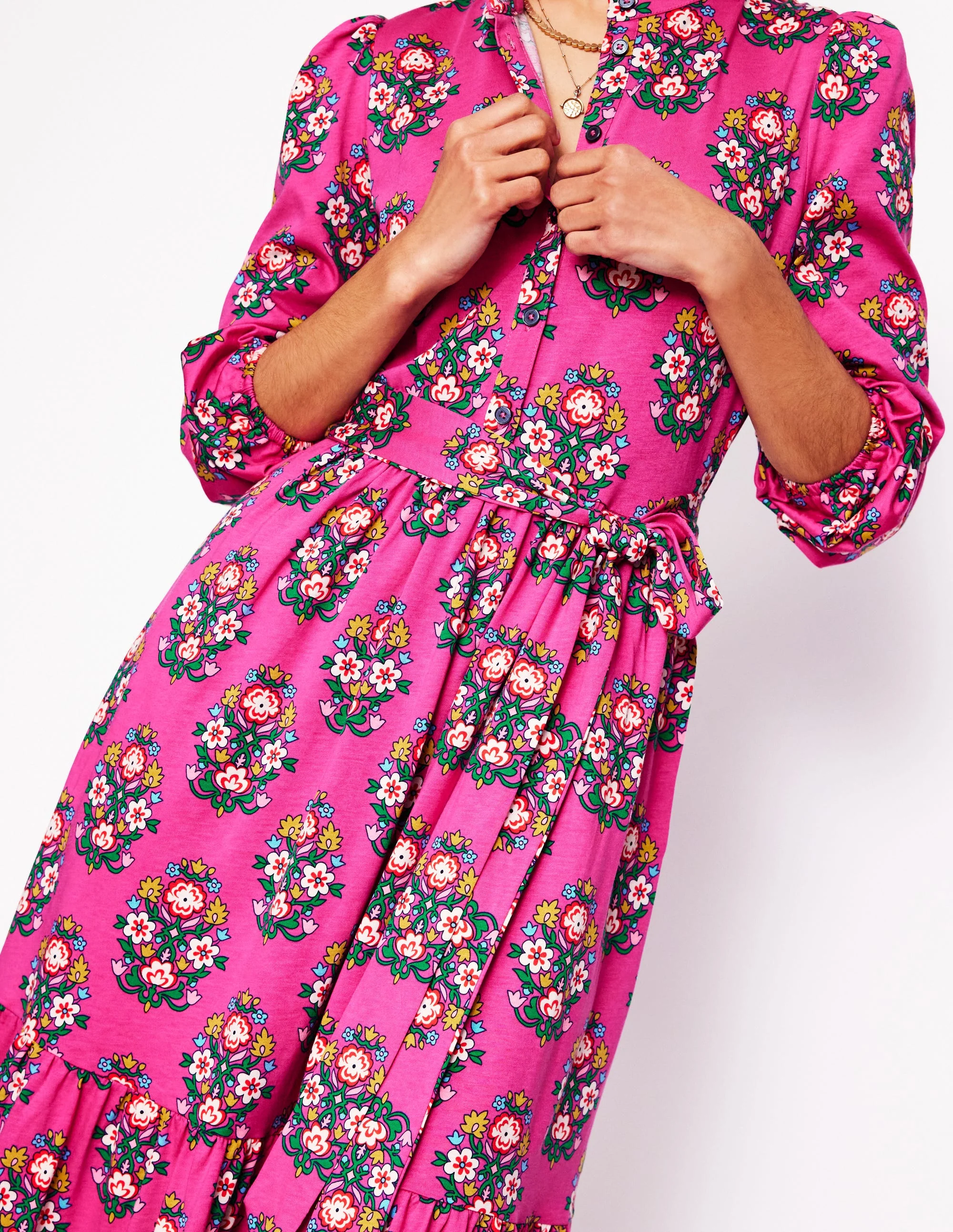 Willow Gestuftes Jerseykleid-Kosmos-Rosa, Wildblumenstempel - Image 3