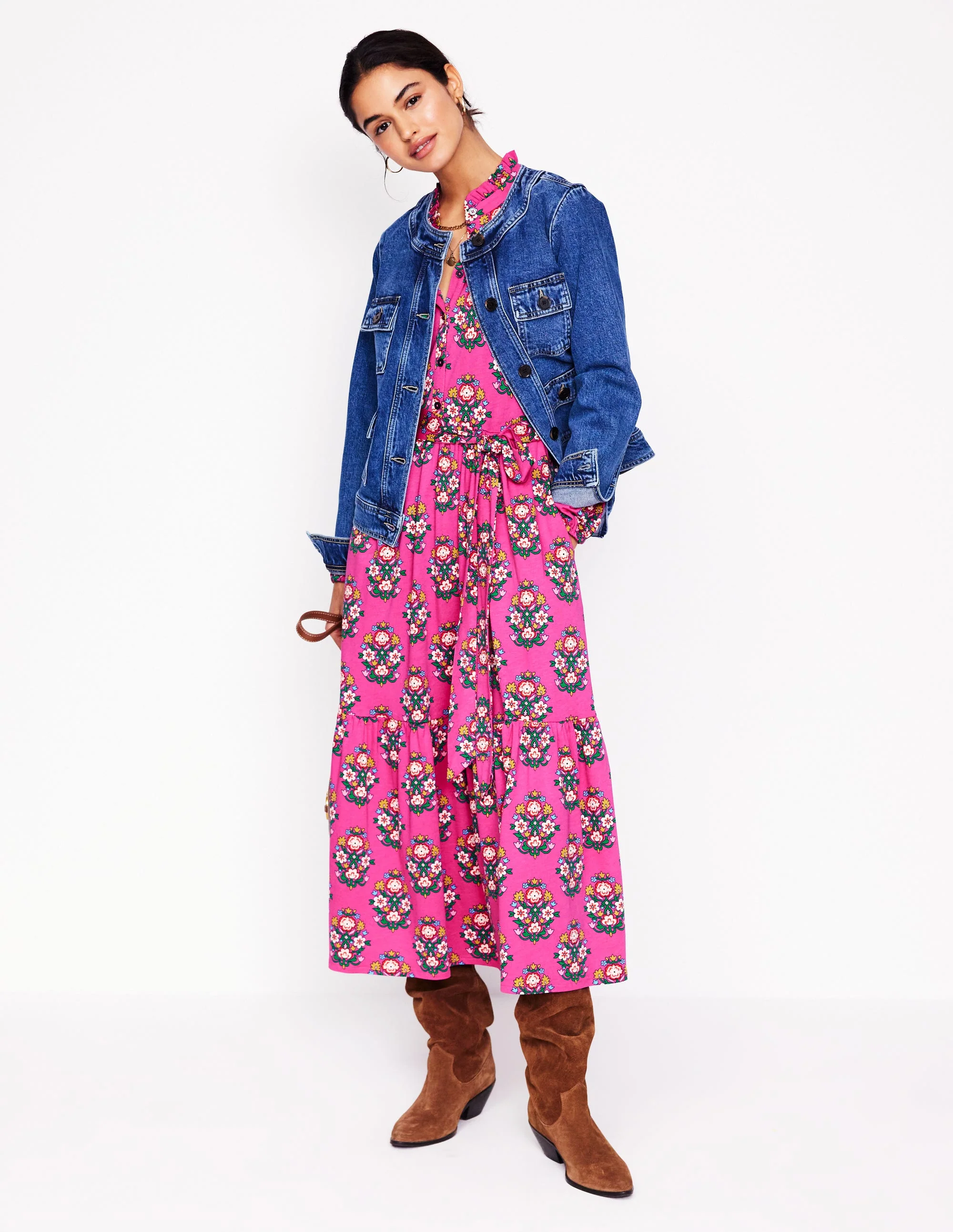 Willow Gestuftes Jerseykleid-Kosmos-Rosa, Wildblumenstempel - Image 5