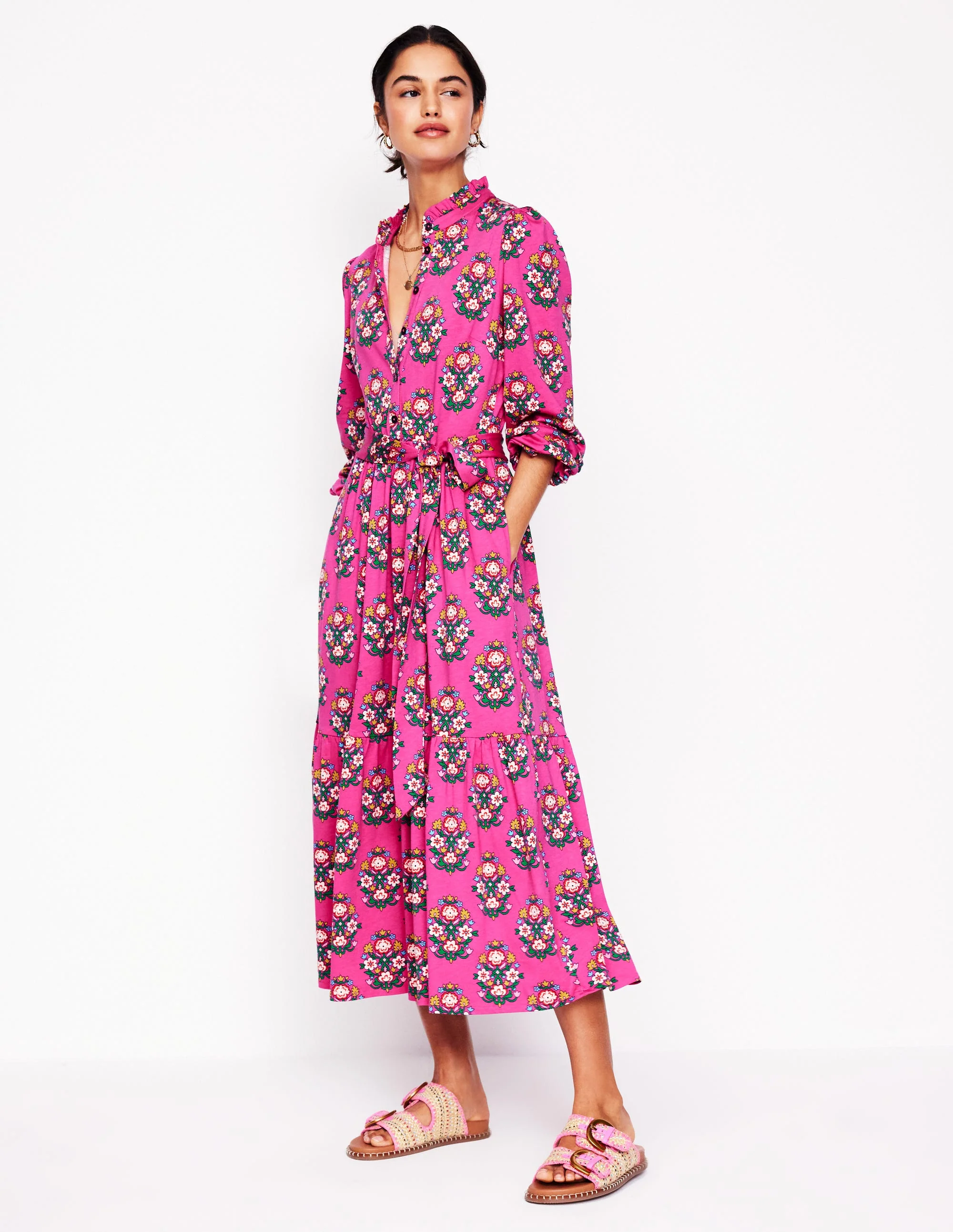 Willow Gestuftes Jerseykleid-Kosmos-Rosa, Wildblumenstempel - Image 7