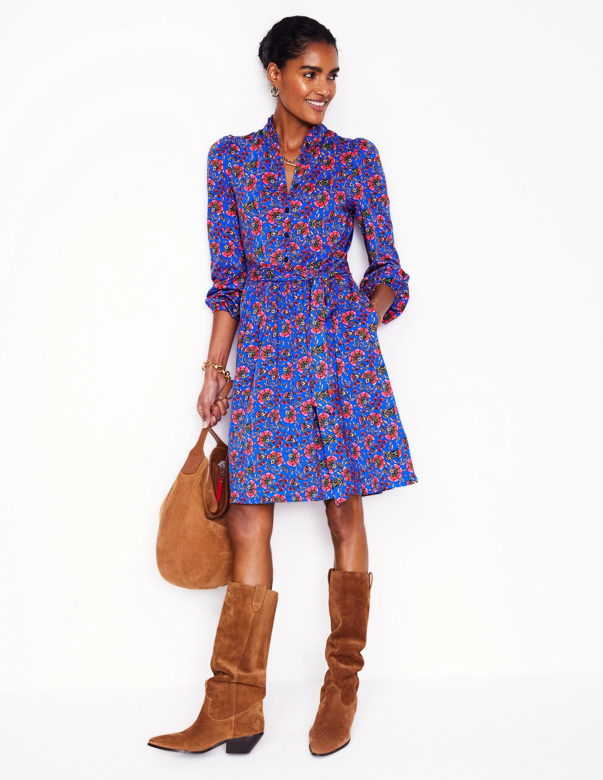 Willow Hemdblusenkleid mit Rüschenausschnitt-Blaue Lupine, Zierrebe