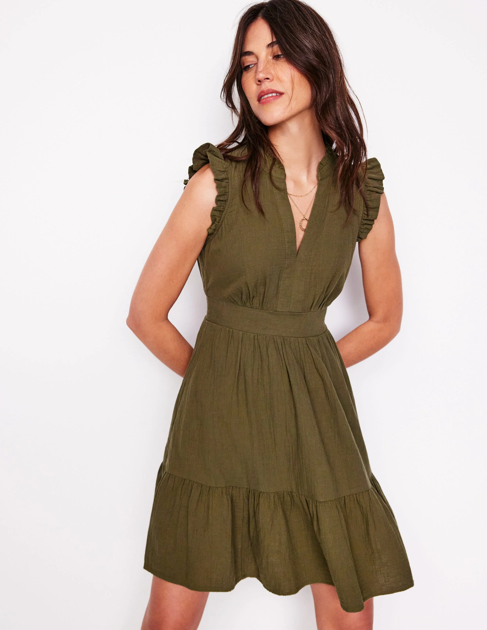 Wren Kurzes Doppeltuch-Kleid-Waldgrün