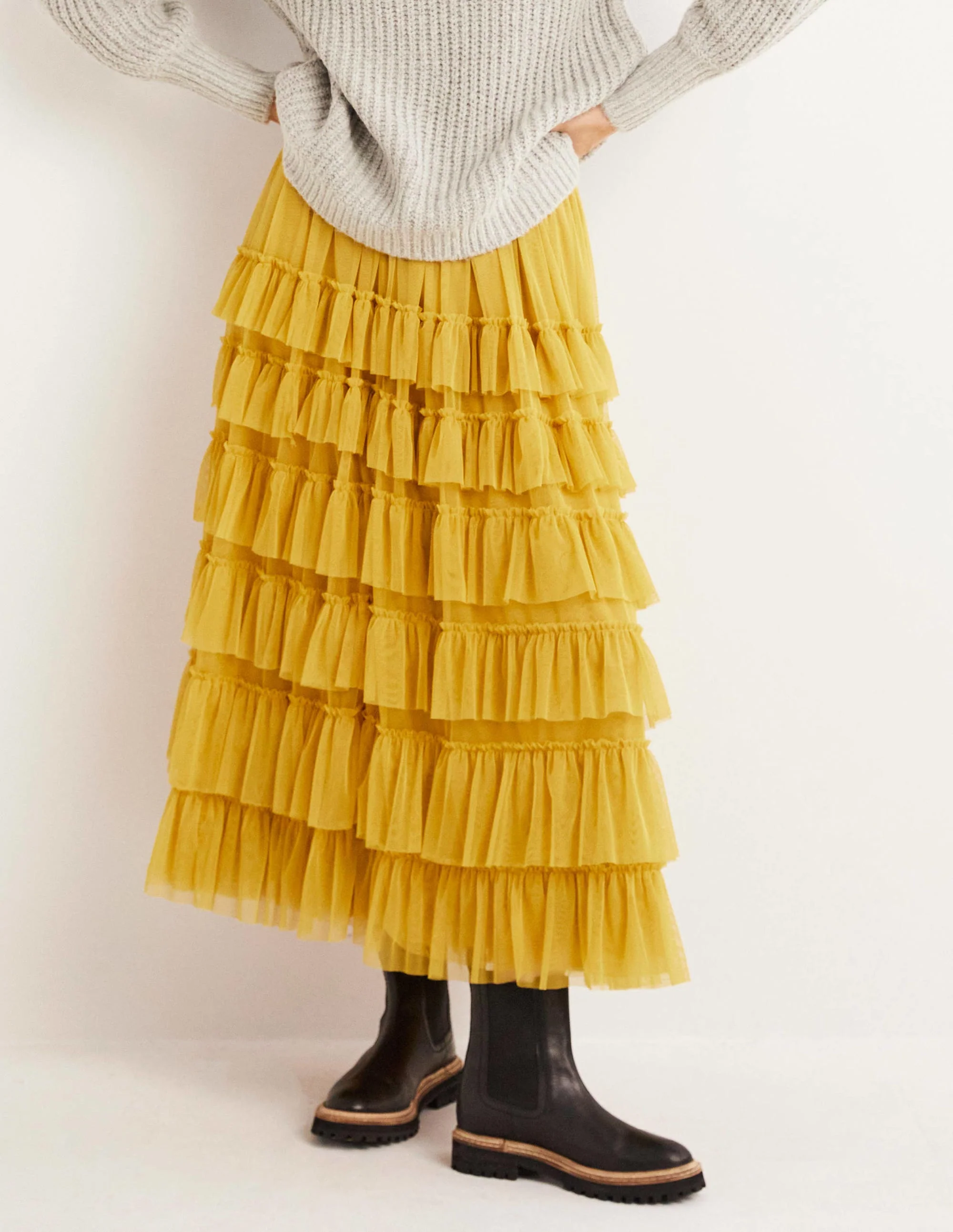 Yellow Ruffle Tulle Midi Skirt-Citronella - Image 2