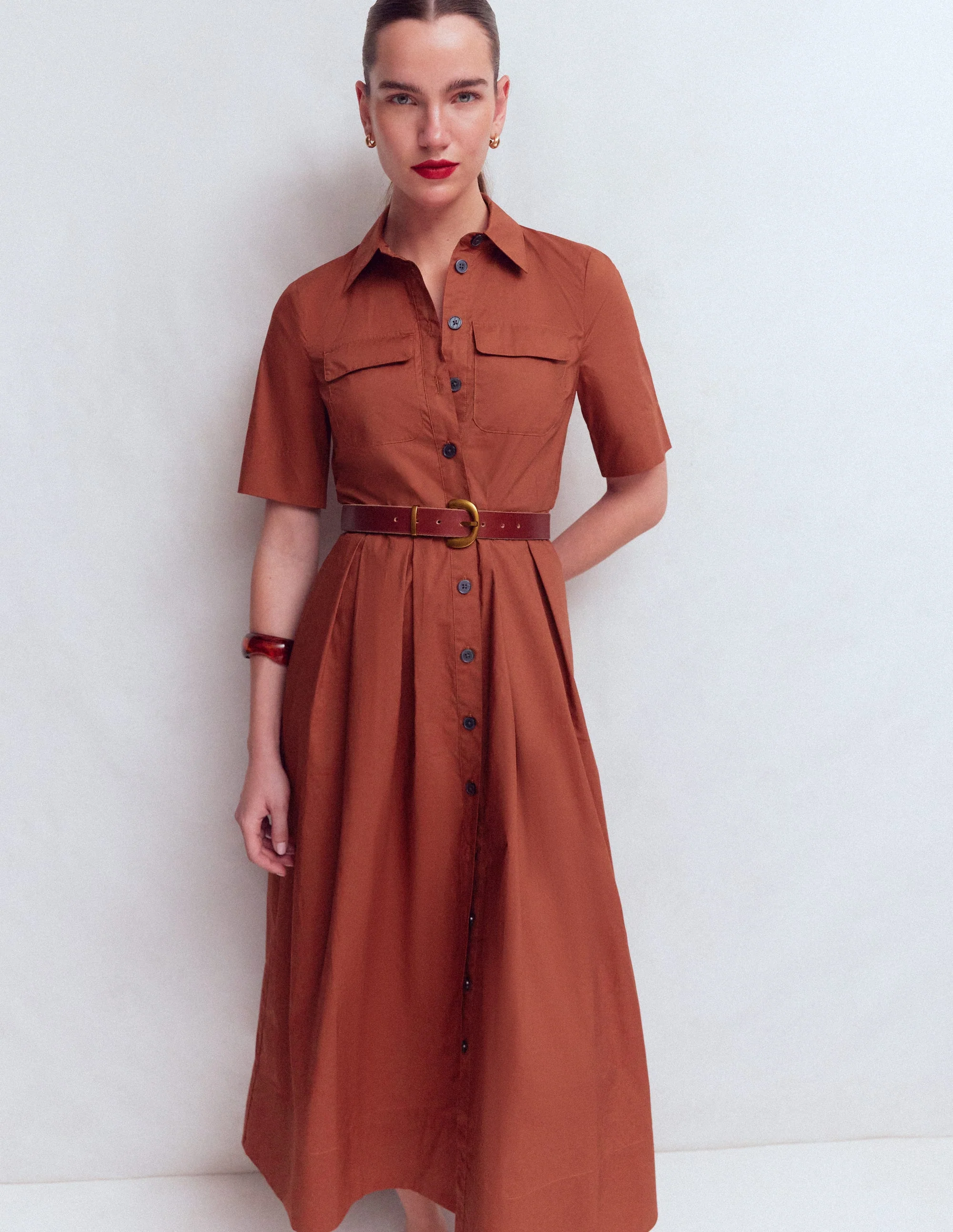 Zoe Kurzärmliges Hemdblusenkleid-Braun-Orange