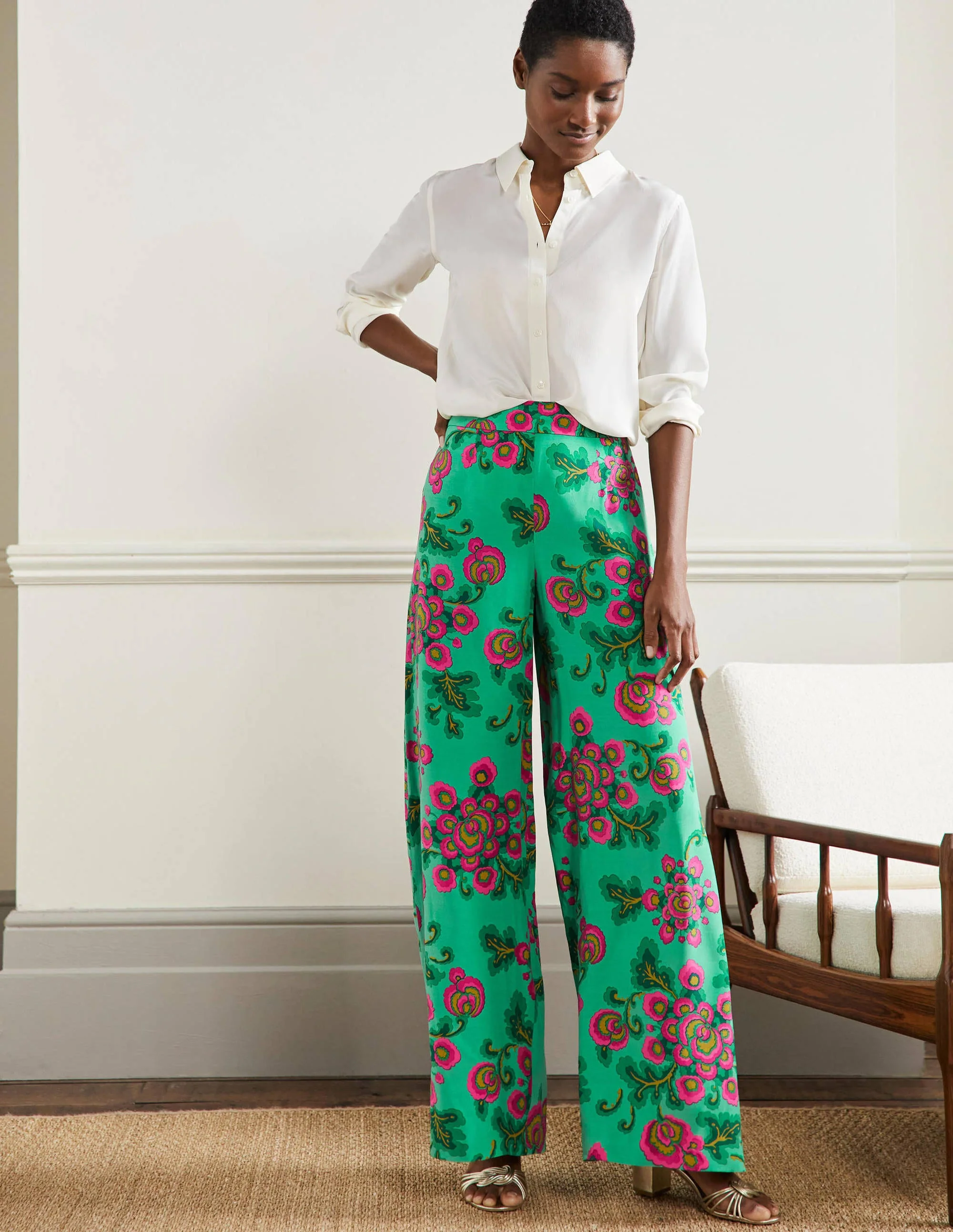 Zoe Palazzo-Hose mit weitem Bein-Ming-Grün, Wildblumen
