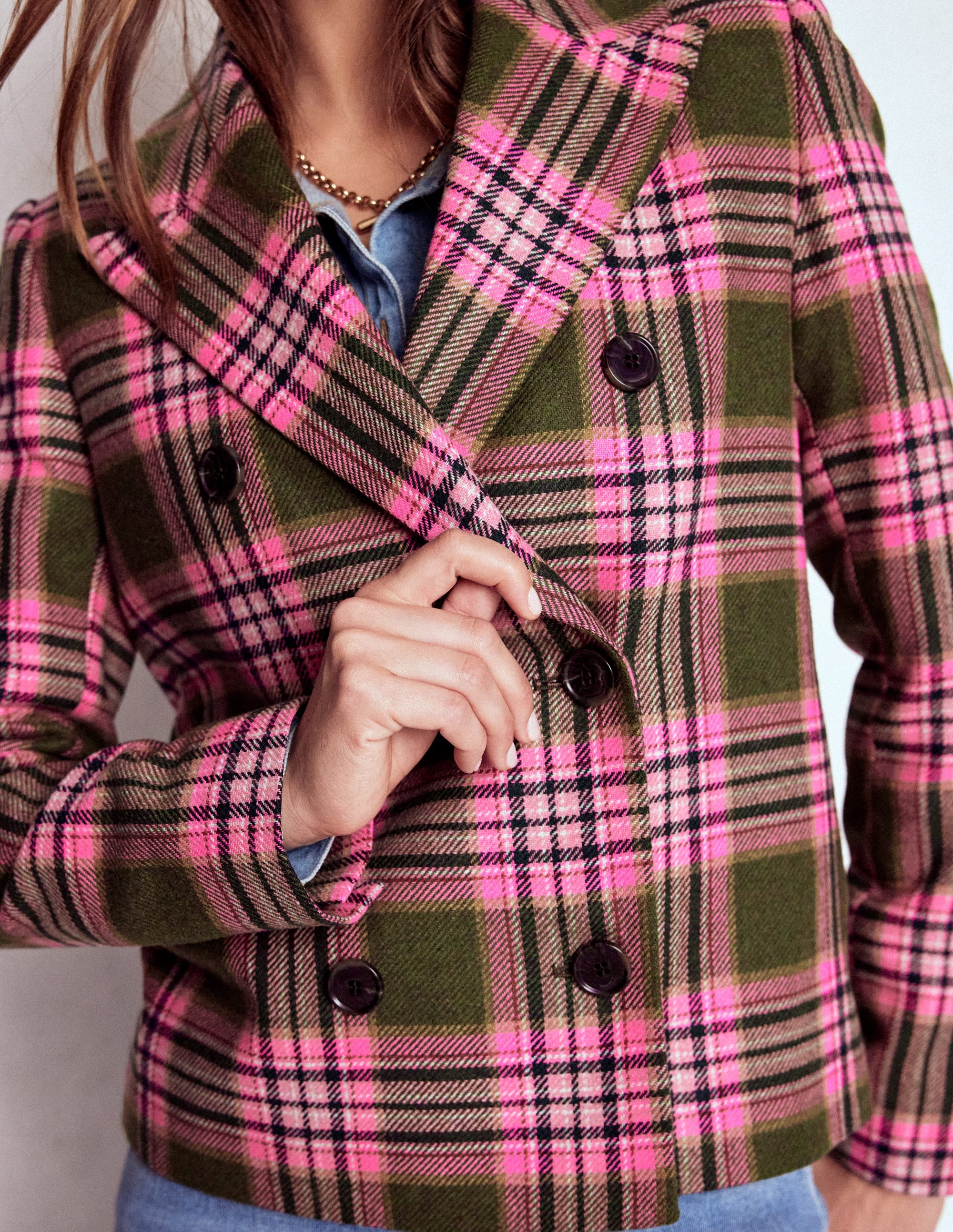 Zweireihiger Blazer mit kastenförmigem Schnitt-Olivgrün und Rosa Kariert - Image 2