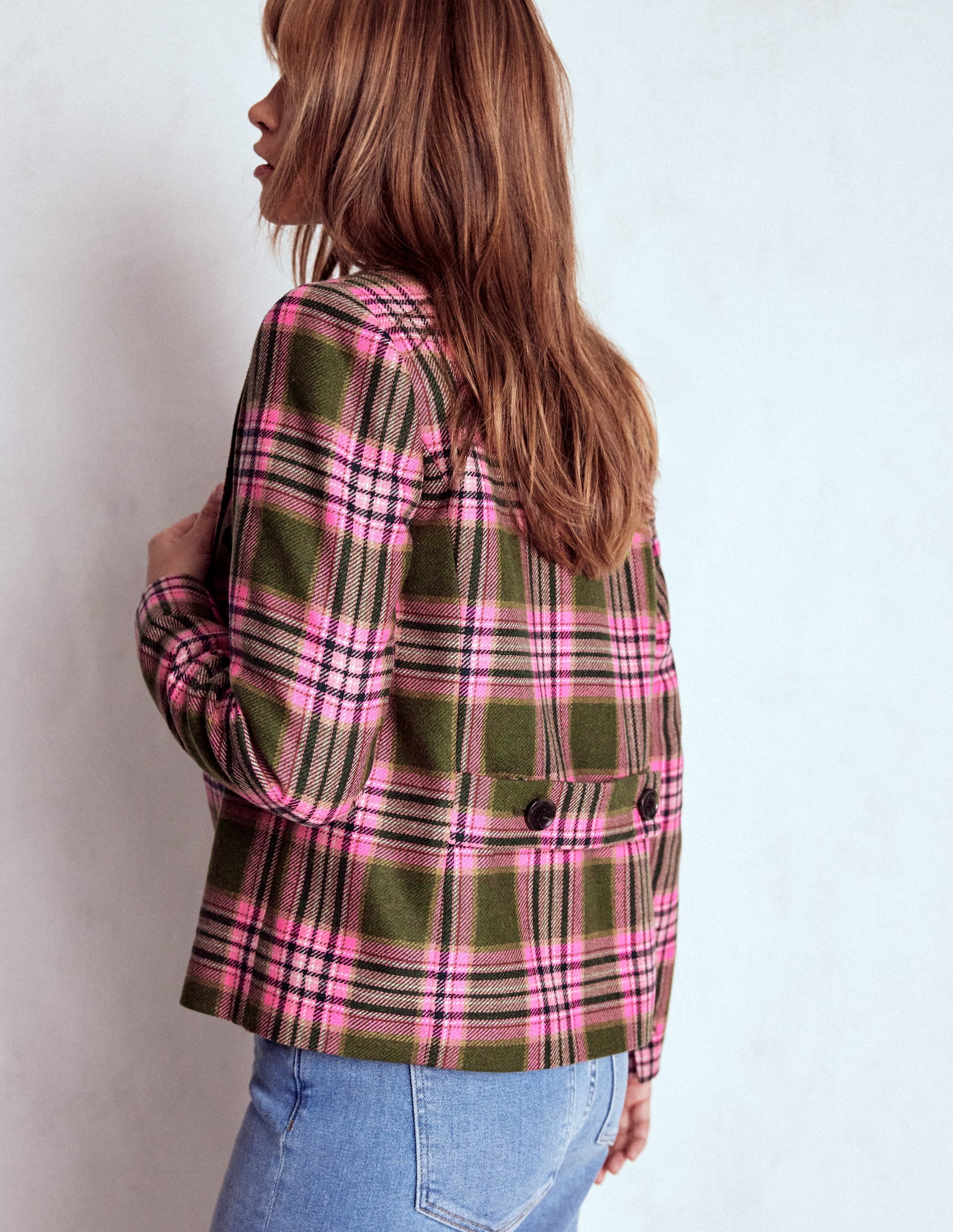 Zweireihiger Blazer mit kastenförmigem Schnitt-Olivgrün und Rosa Kariert - Image 3