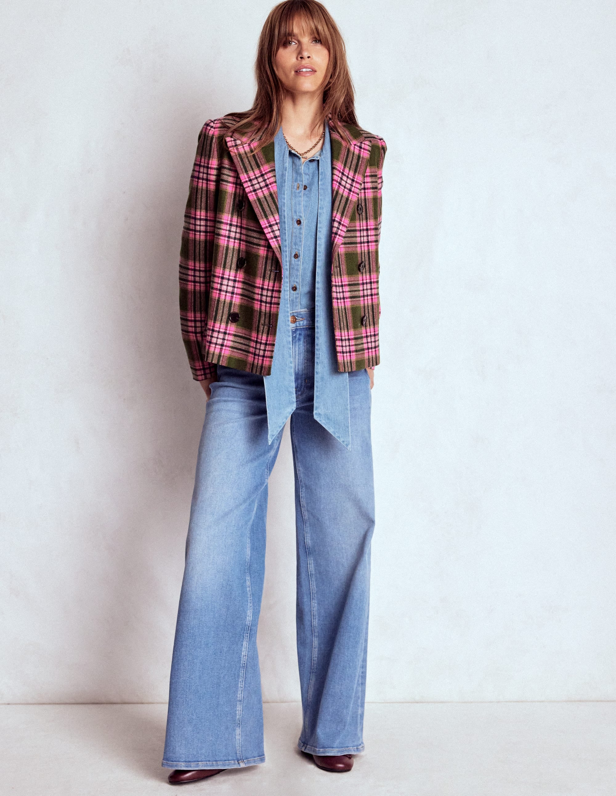 Zweireihiger Blazer mit kastenförmigem Schnitt-Olivgrün und Rosa Kariert - Image 4