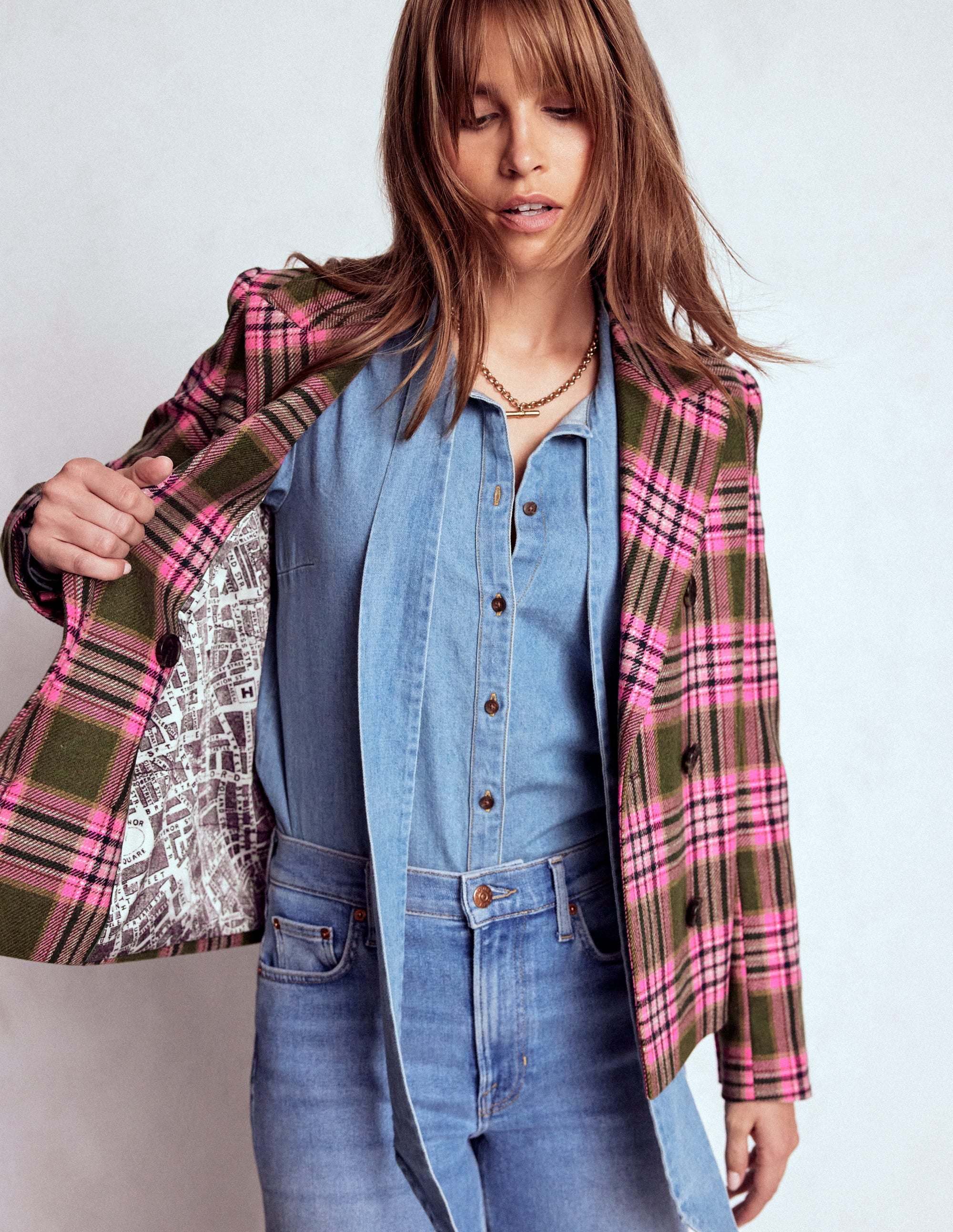 Zweireihiger Blazer mit kastenförmigem Schnitt-Olivgrün und Rosa Kariert - Image 5