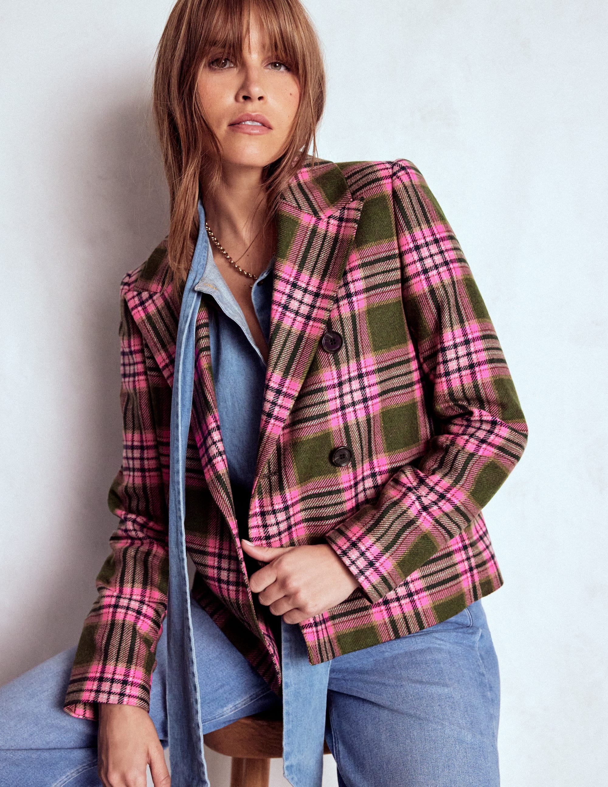 Zweireihiger Blazer mit kastenförmigem Schnitt-Olivgrün und Rosa Kariert - Image 6