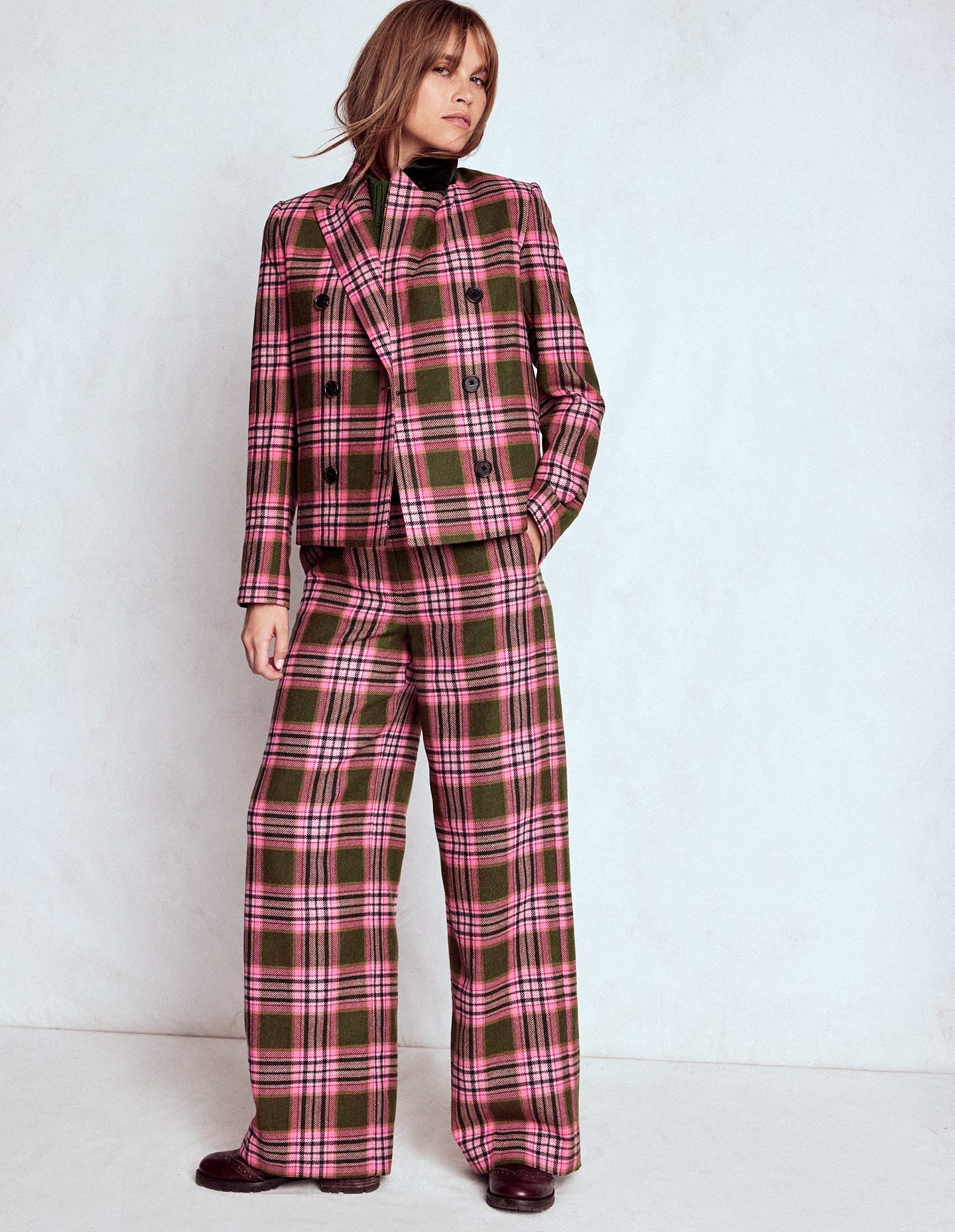 Zweireihiger Blazer mit kastenförmigem Schnitt-Olivgrün und Rosa Kariert - Image 7