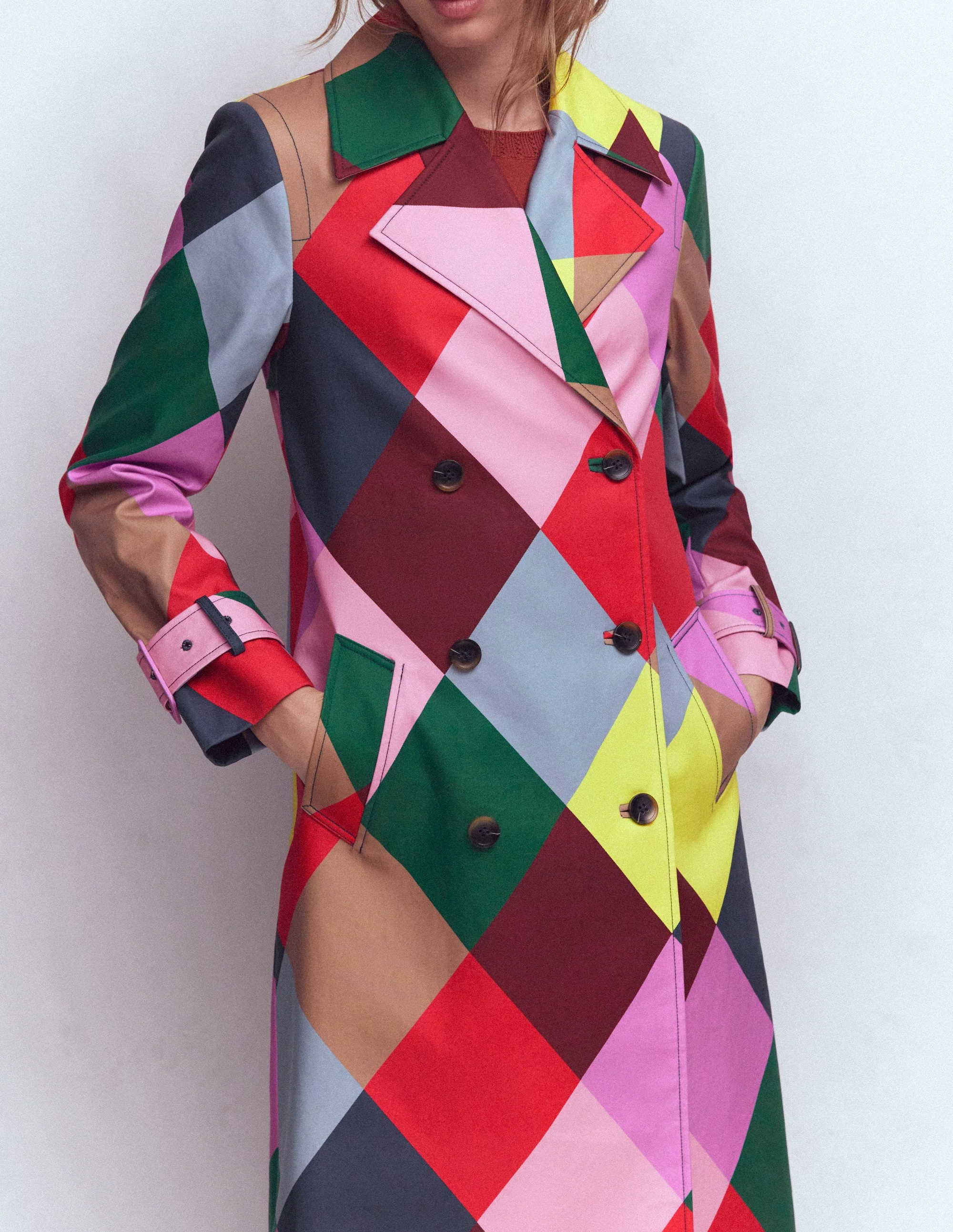 Zweireihiger Trenchcoat-Bunt Großes Harlekinmuster - Image 2