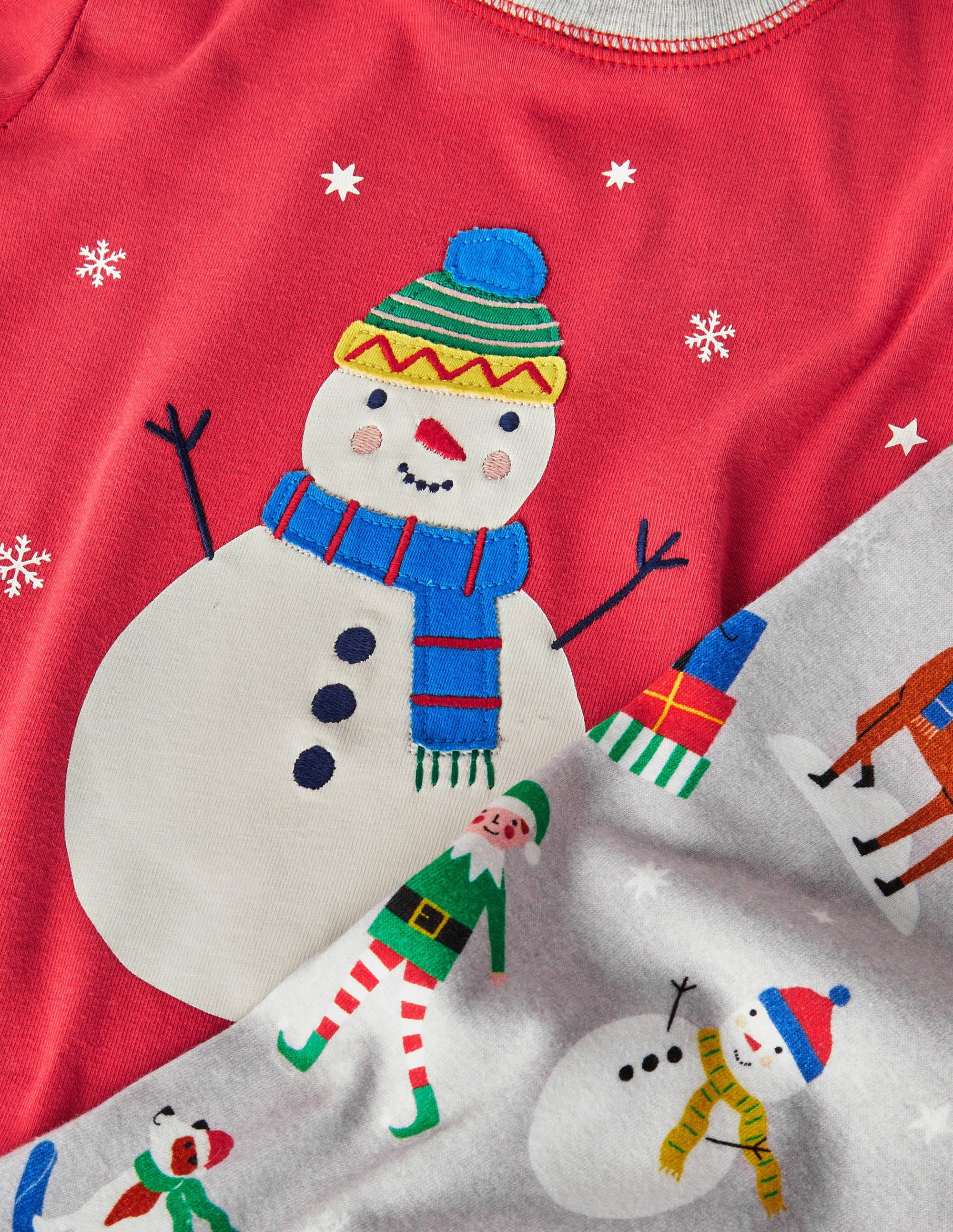 Anliegender langer Schlafanzug mit Applikation-Rockabilly-Rot/Grau, Schneemann - Image 3