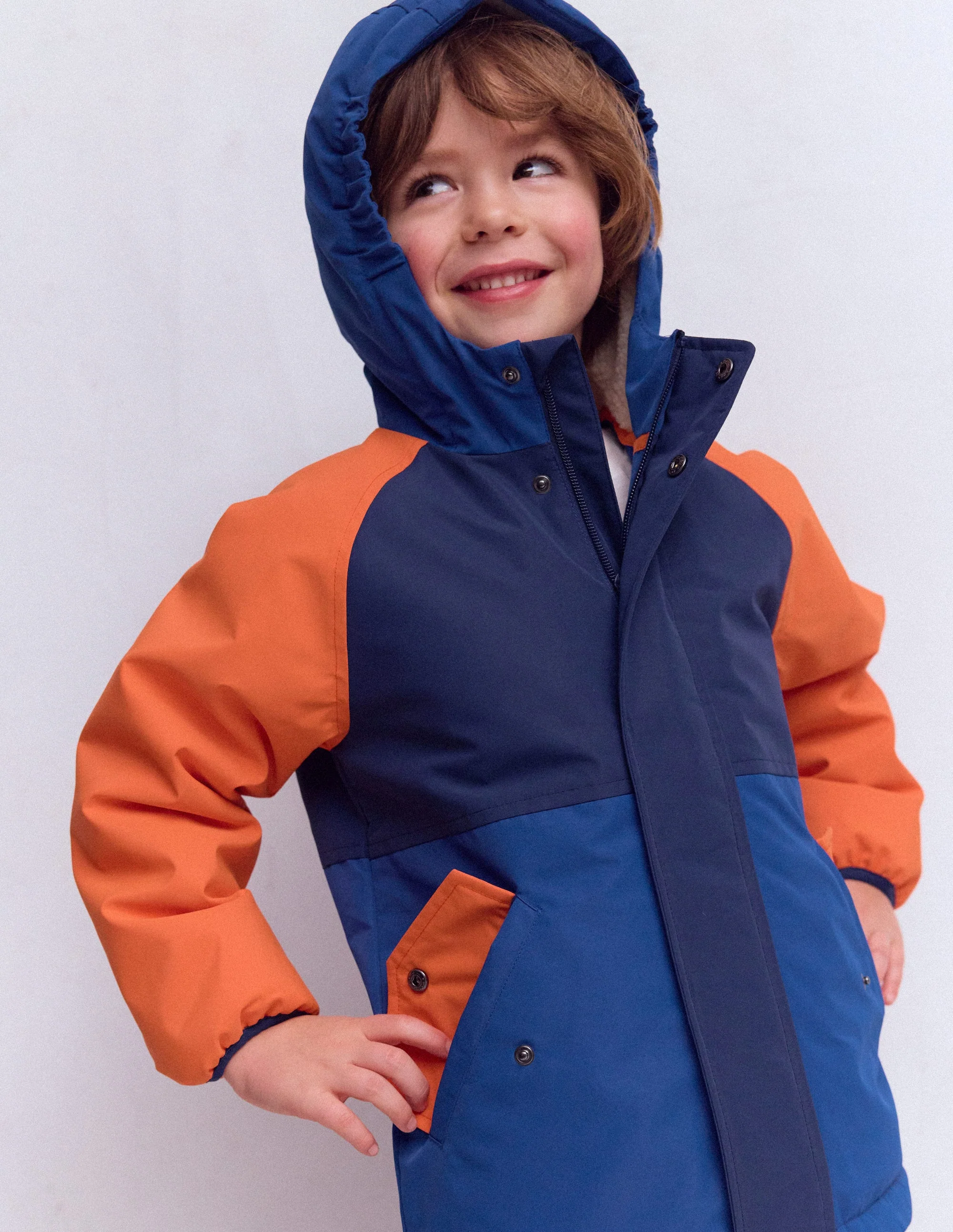 Anorak mit Teddyfutter für Jungen-Orange Blockfarben - Image 3