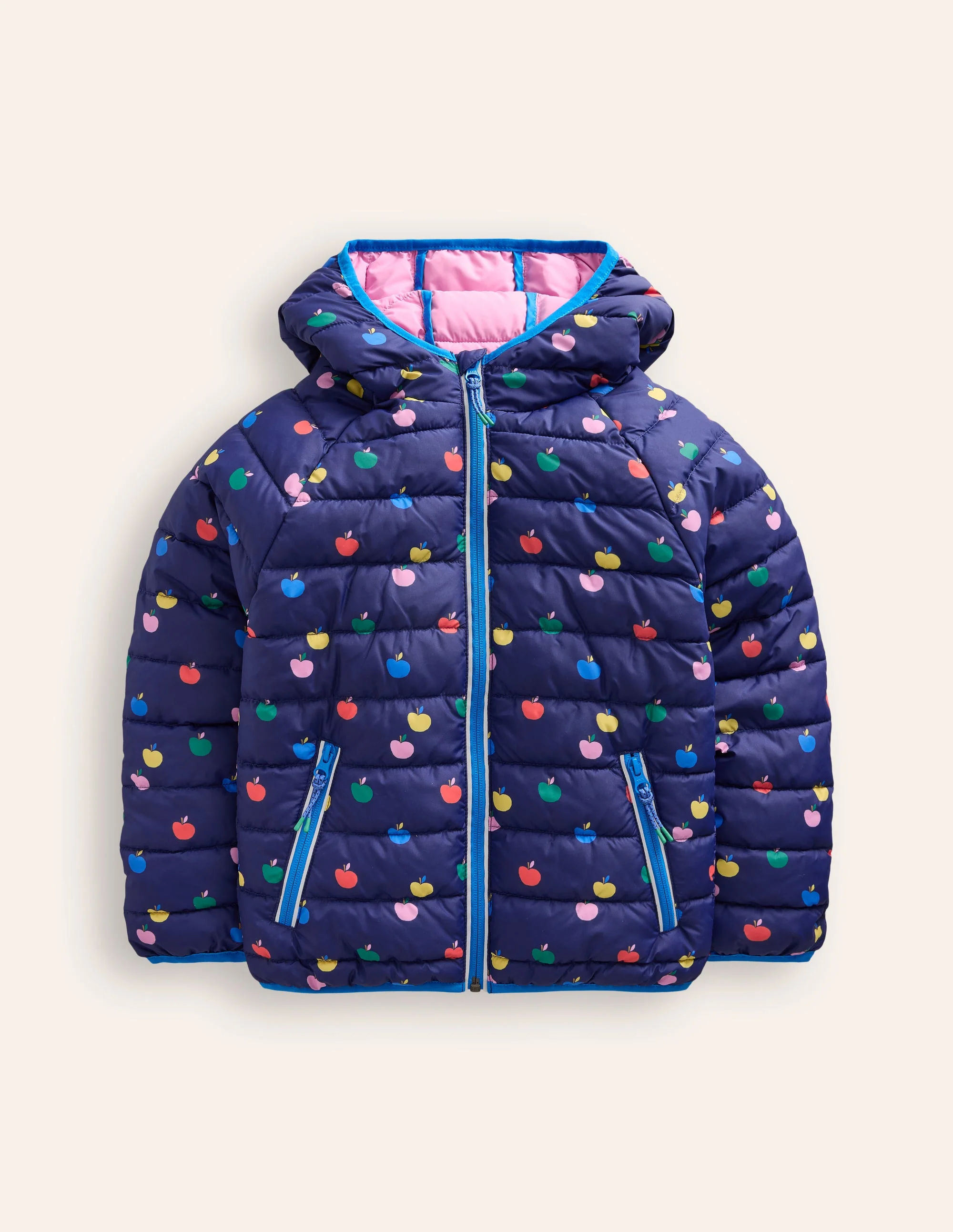 Bequem verstaubare, wattierte Jacke-Schuluniform-Marineblau Regenbogen Äpfel - Image 3
