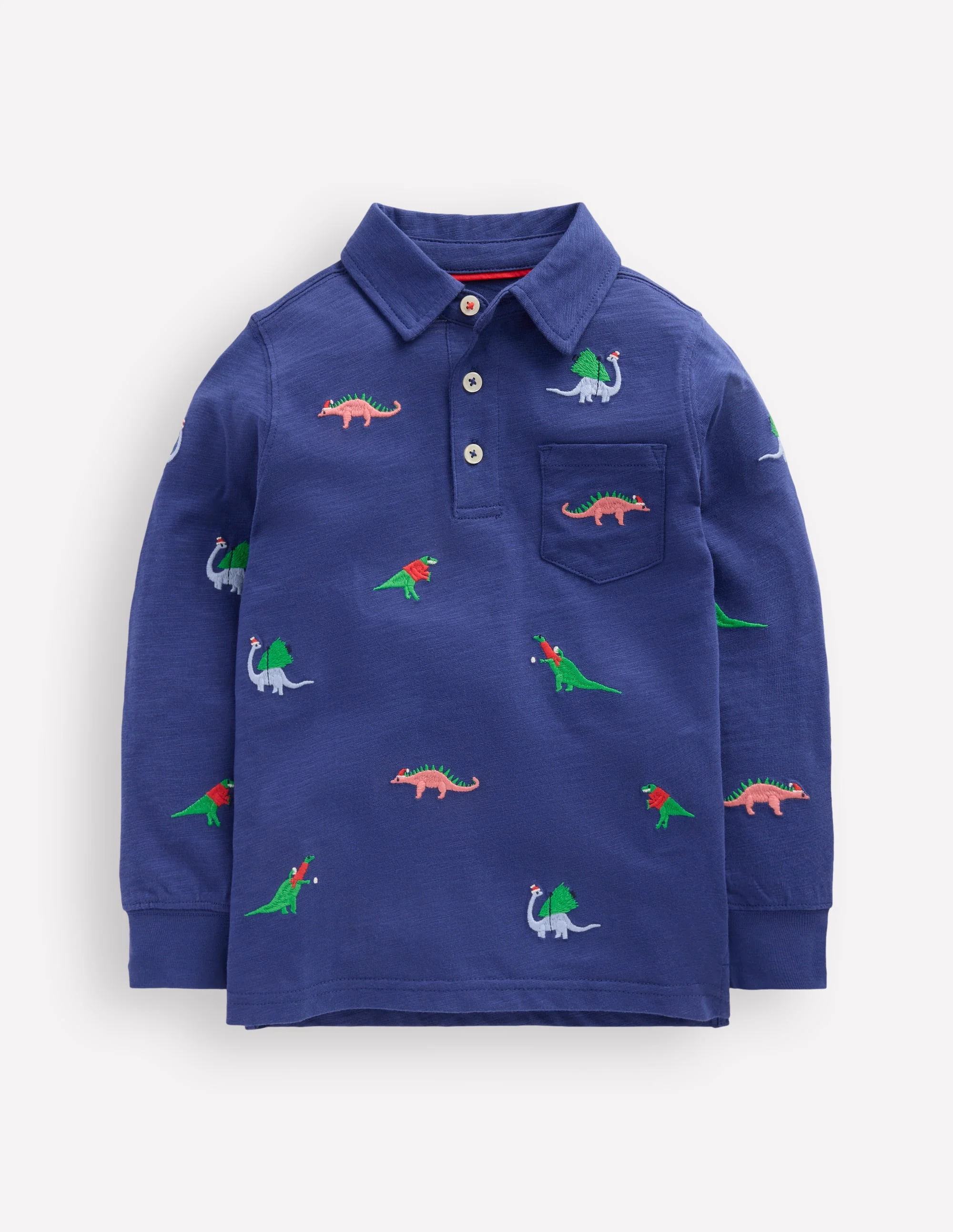 Besticktes Flammgarn-Polohemd-Segelblau, Dinosaurier