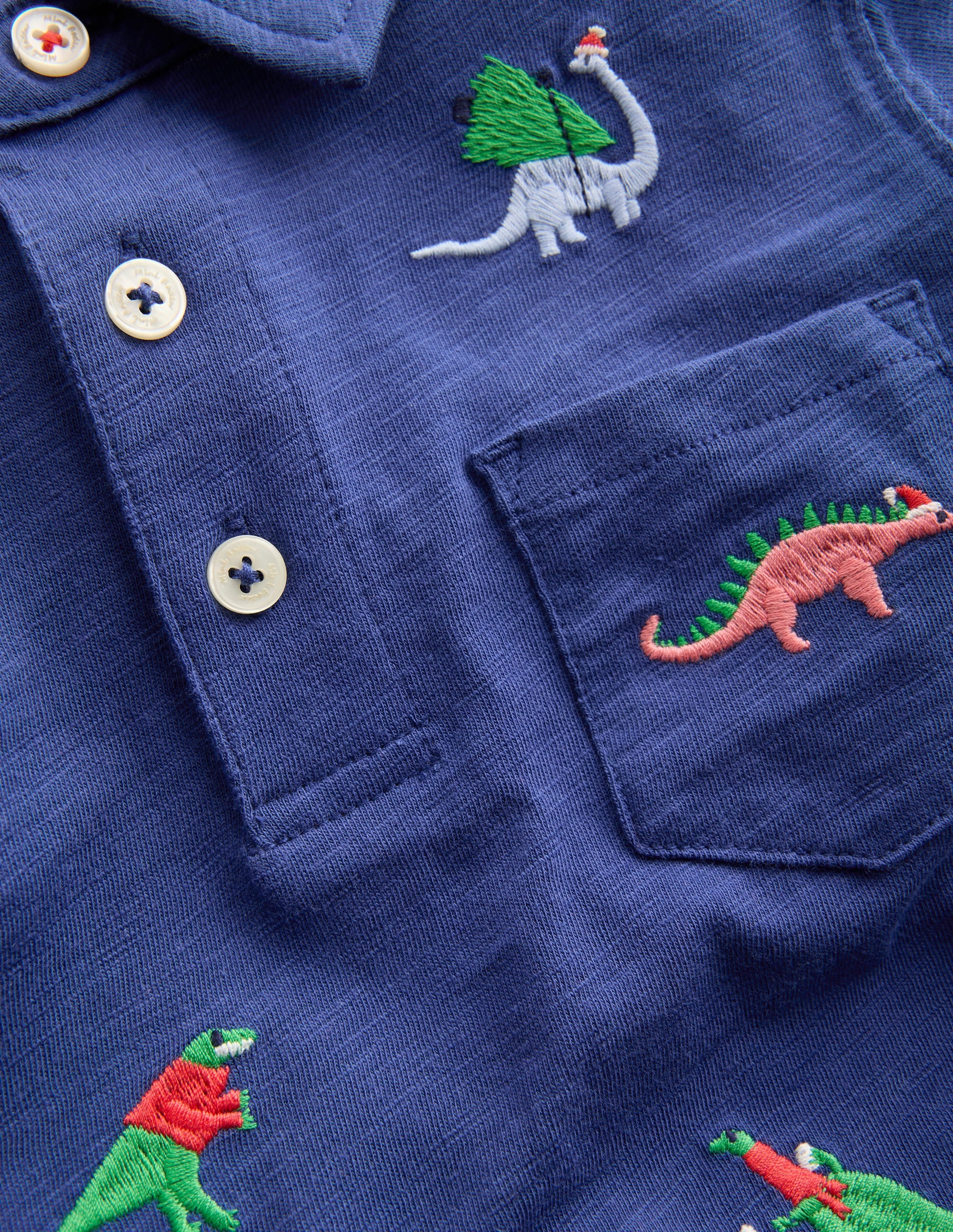 Besticktes Flammgarn-Polohemd-Segelblau, Dinosaurier - Image 3